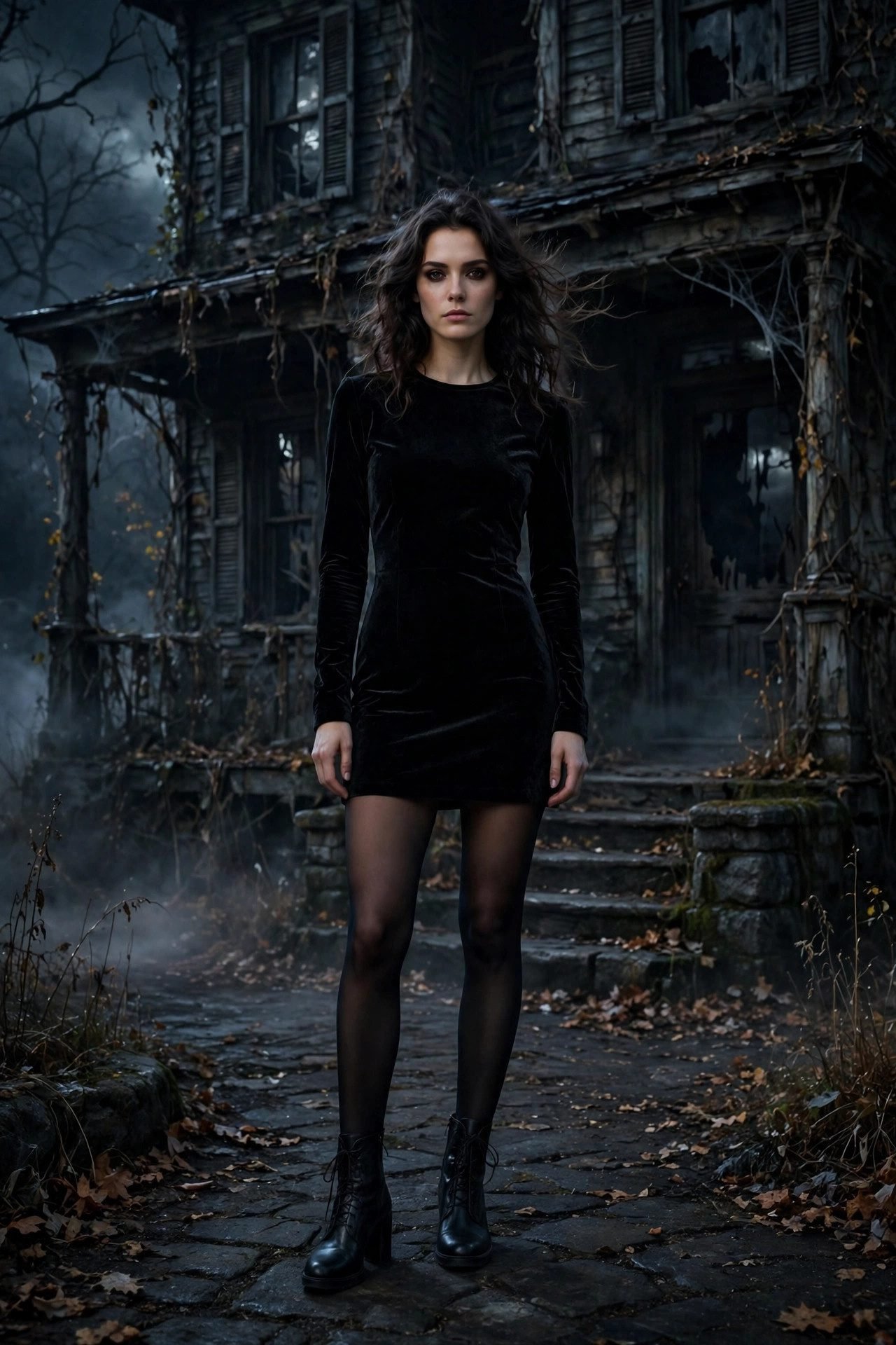 Black velvet mini dress with tights for a haunted house evening