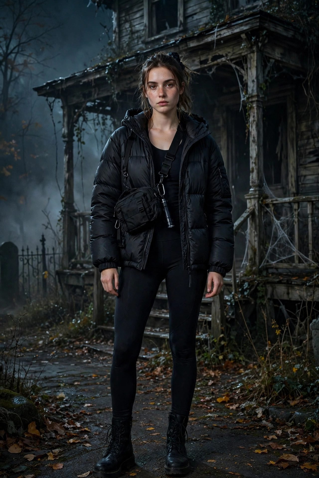 Black puffer jacket with black leggings, a practical haunted house outfit