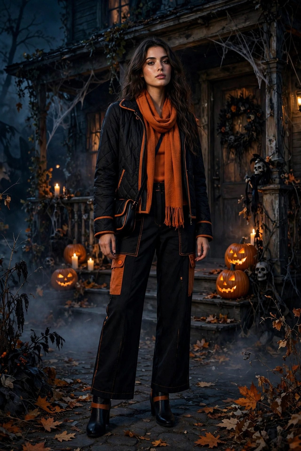Black outfit with burnt orange accents for a haunted house night