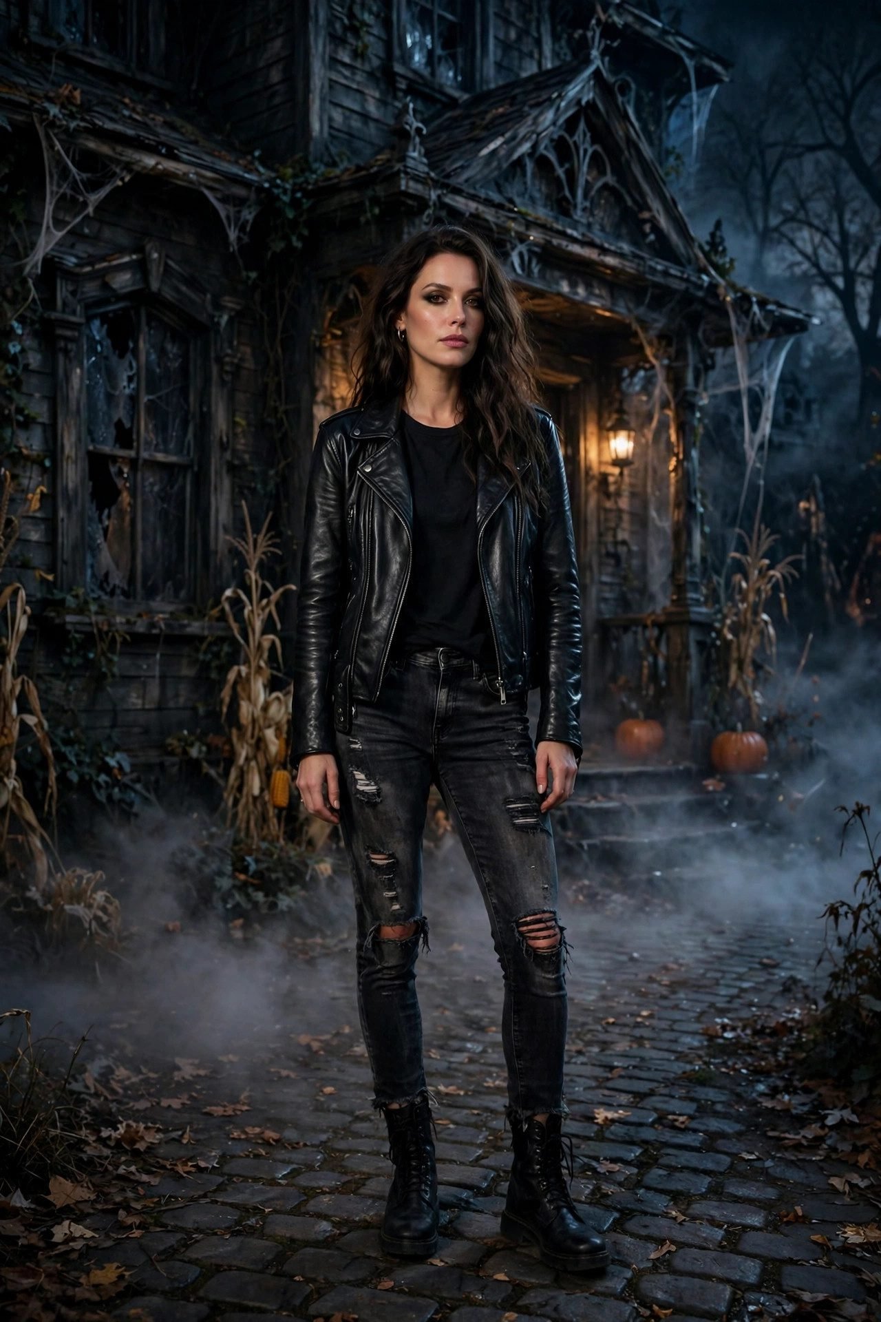 Black leather jacket with distressed jeans for a haunted house