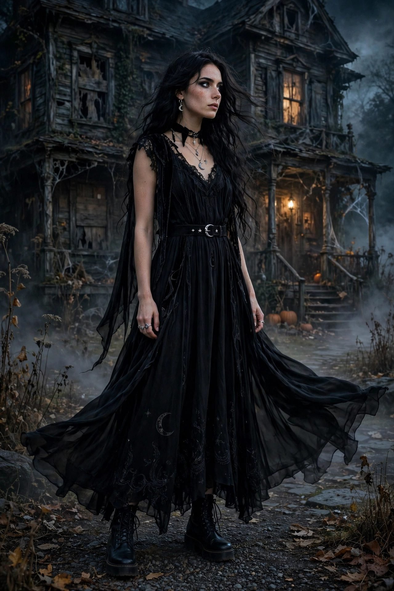 Black maxi dress with boots, a witchy haunted house outfit