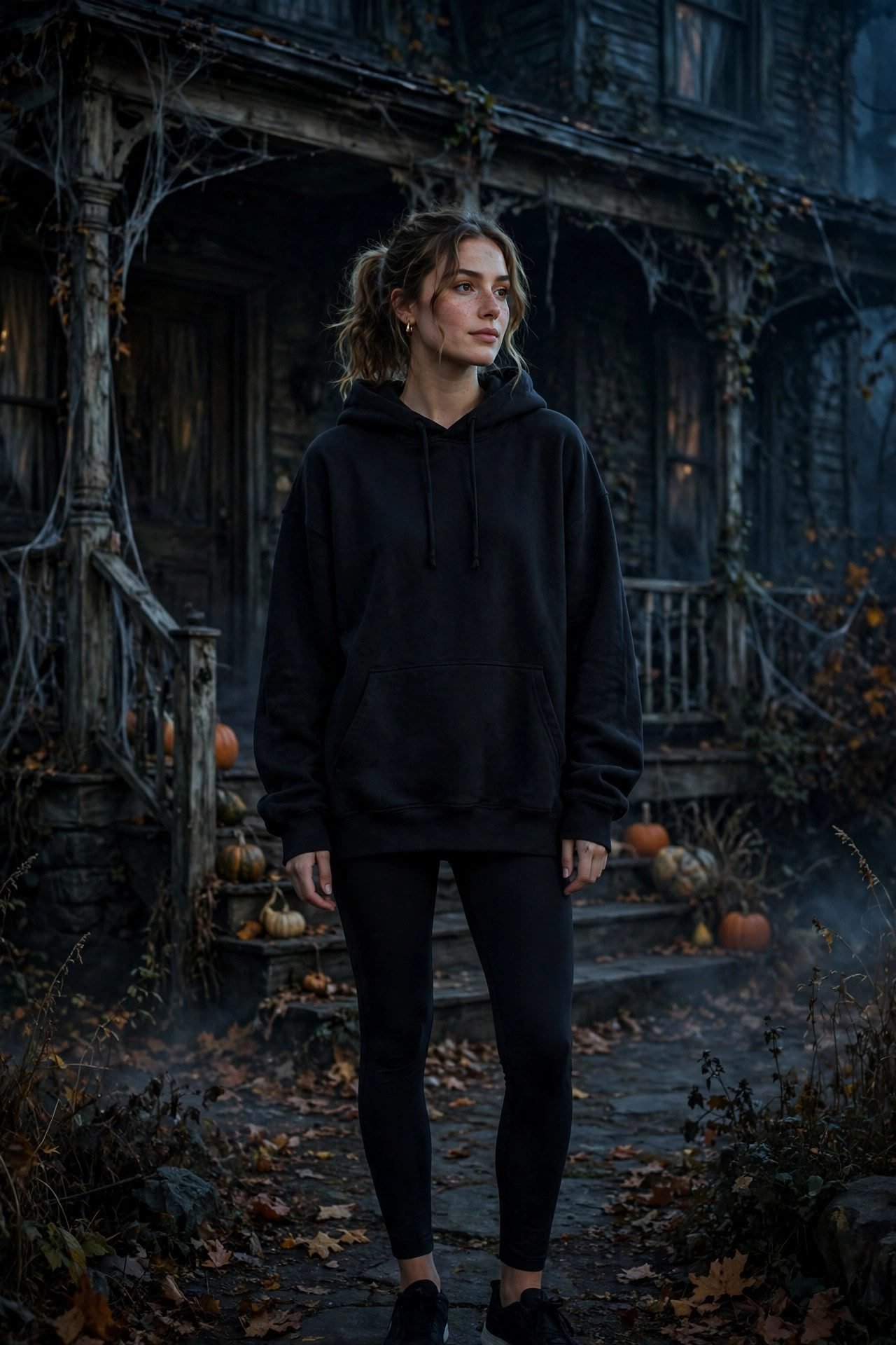 Oversized black hoodie with leggings for a haunted house visit