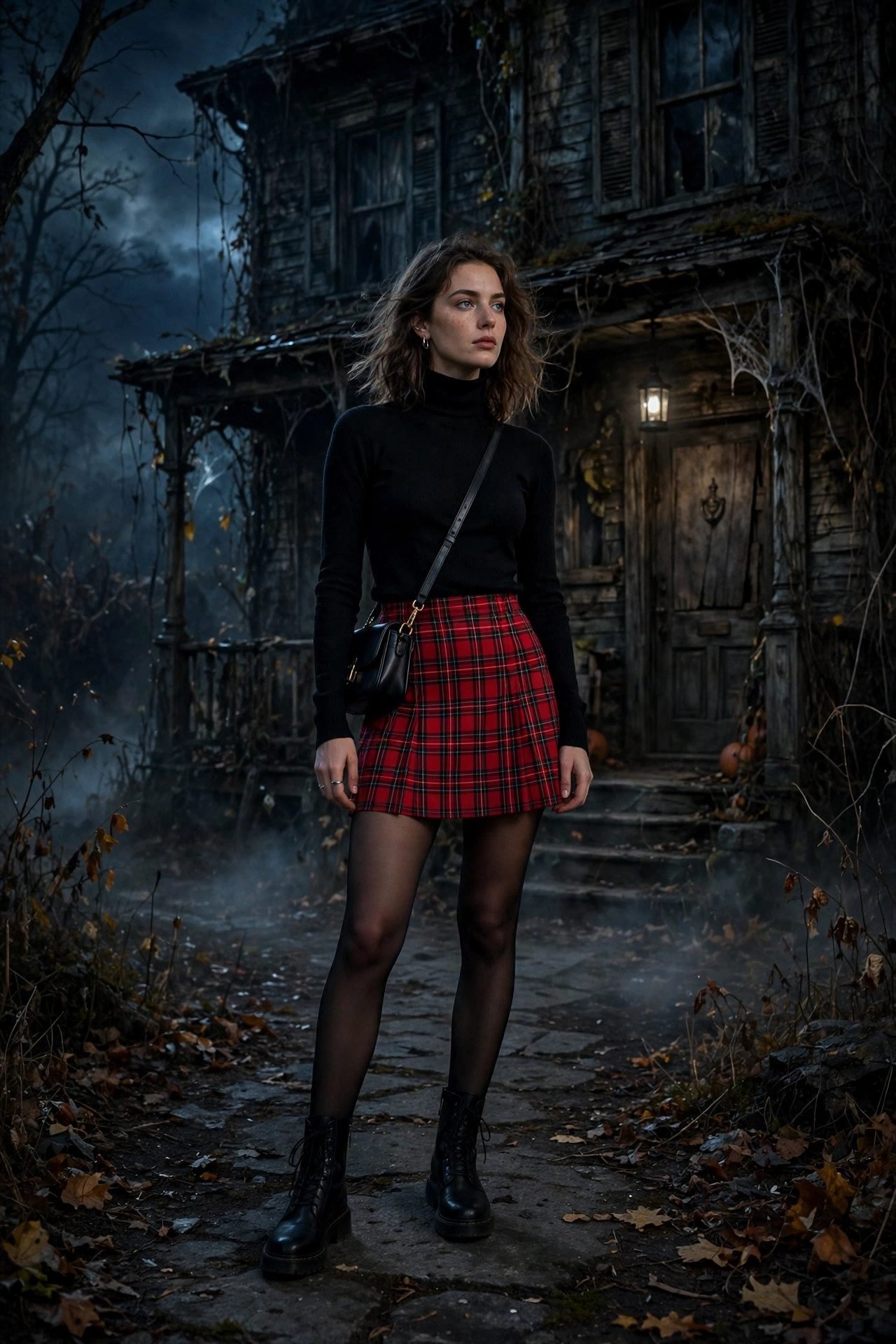 Black turtleneck with a plaid mini skirt for a haunted house night