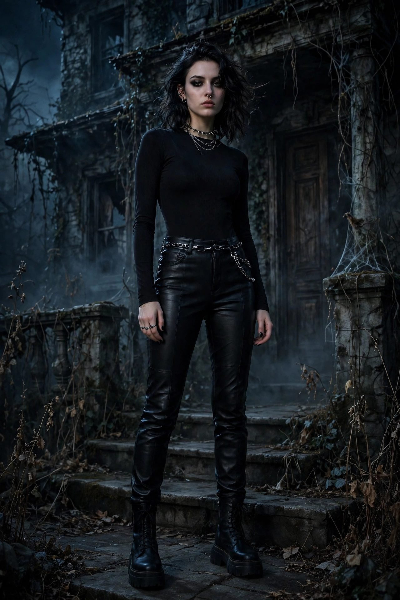 Faux leather pants with a black bodysuit for a haunted house