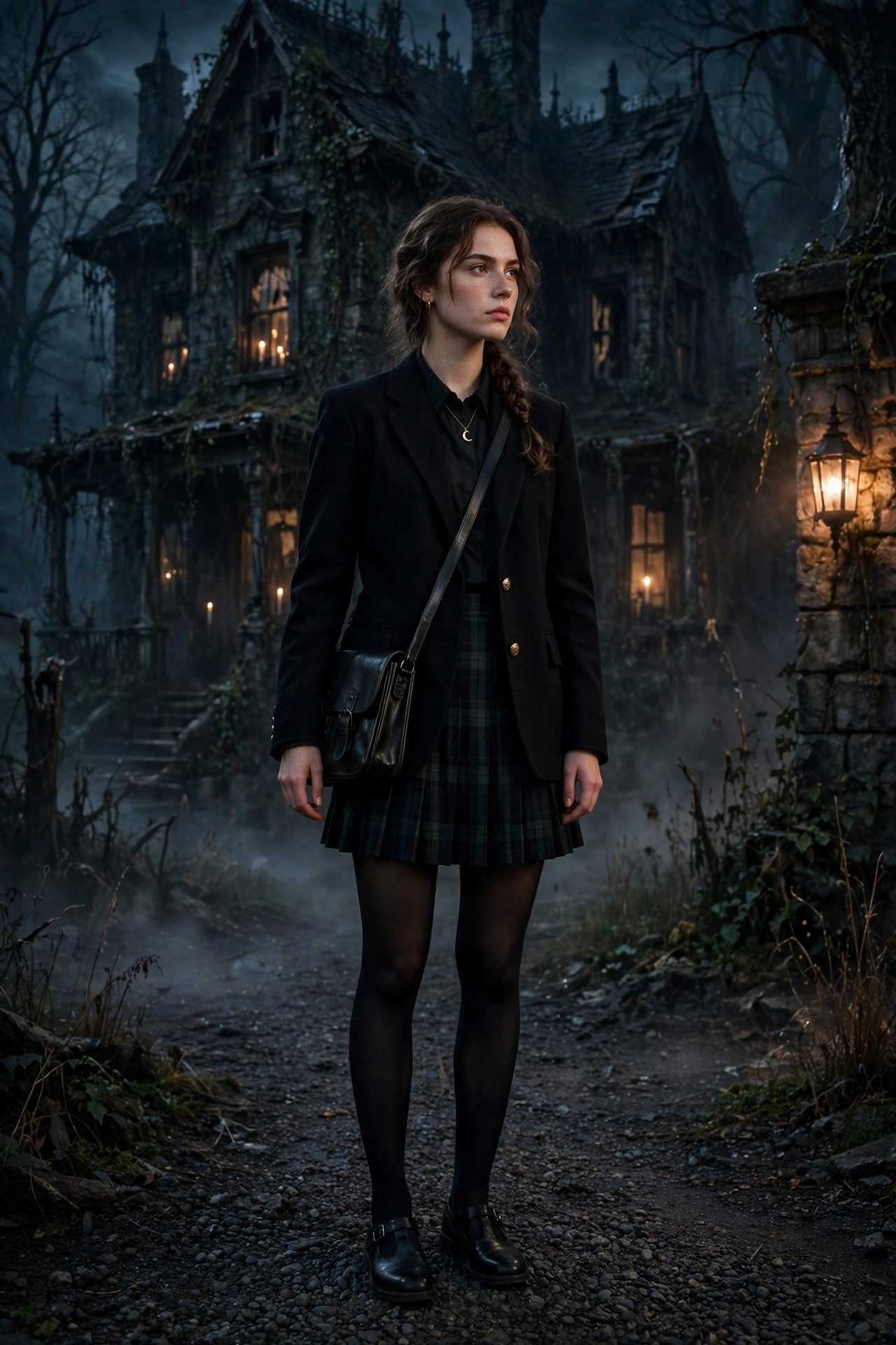 Dark academia blazer with pleated skirt for a haunted house night