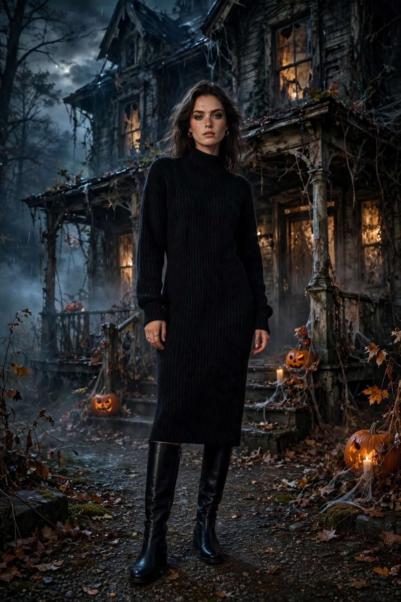 Black sweater dress with knee-high boots for a haunted house