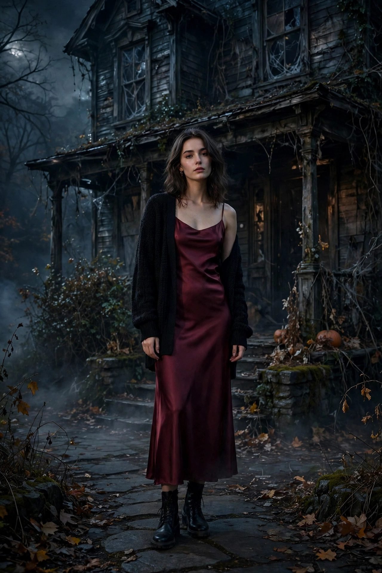 Burgundy slip dress with a black cardigan for a haunted house night