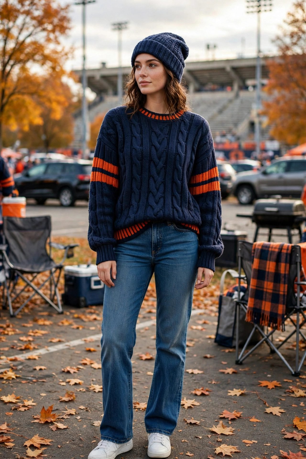 Knit beanie with a team sweater and jeans for a fall tailgate
