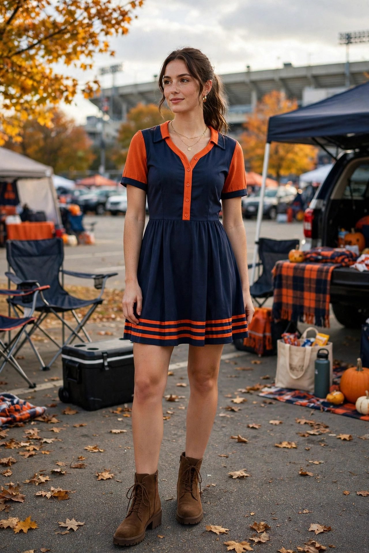 Game-day dress in team colors with boots for a tailgate