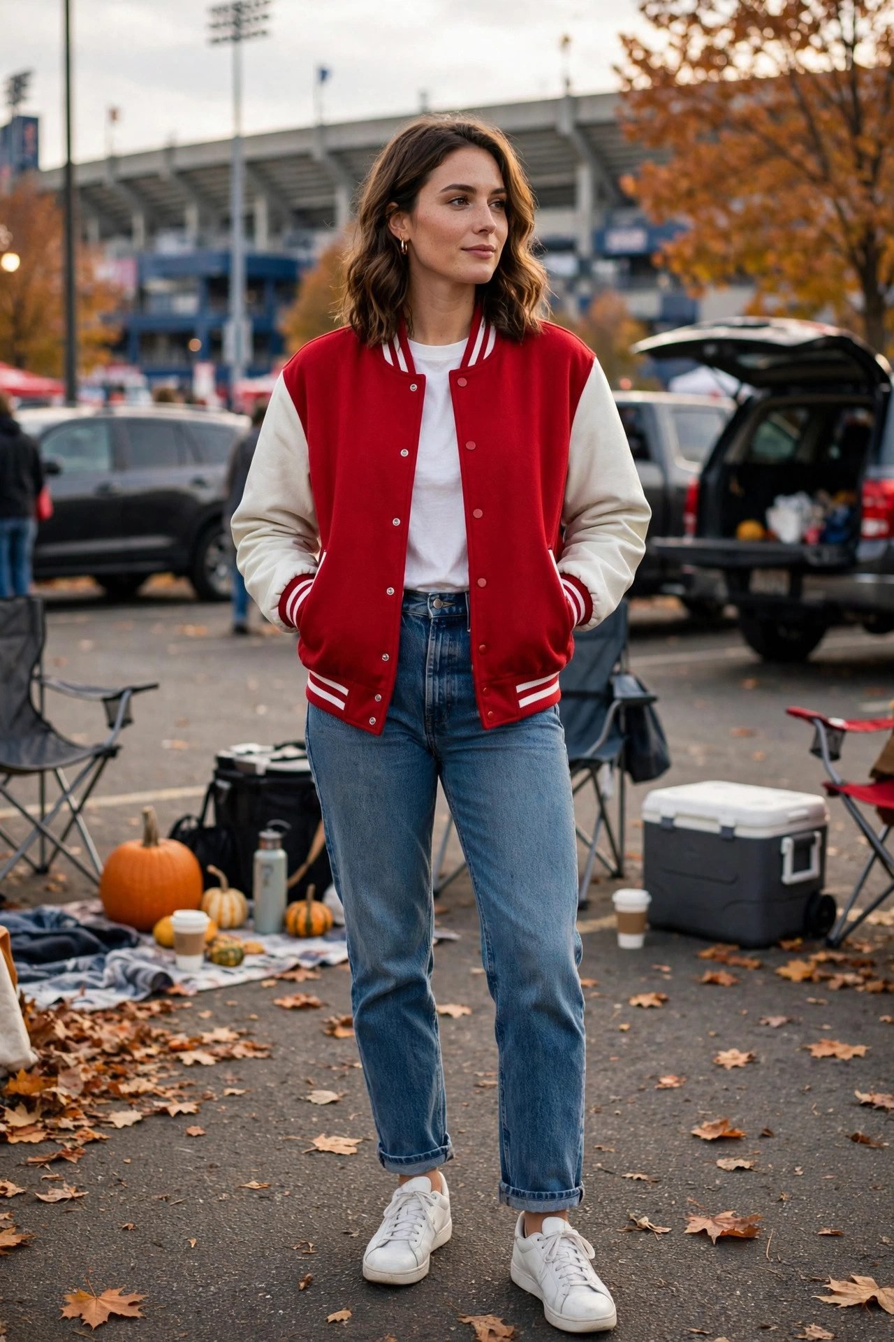 Varsity jacket with jeans and a team tee for a tailgate