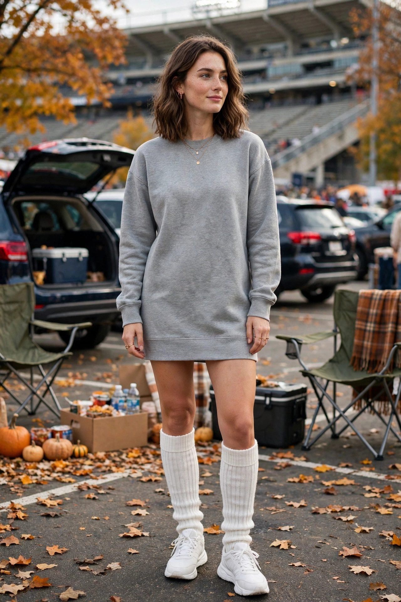 Sweatshirt dress with knee-high socks and sneakers for a tailgate