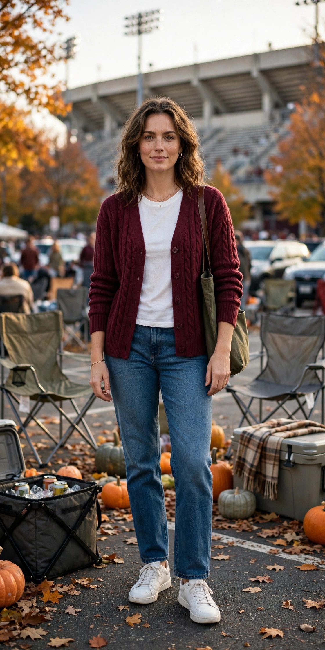 Team-color cardigan with a white tee and jeans for a tailgate