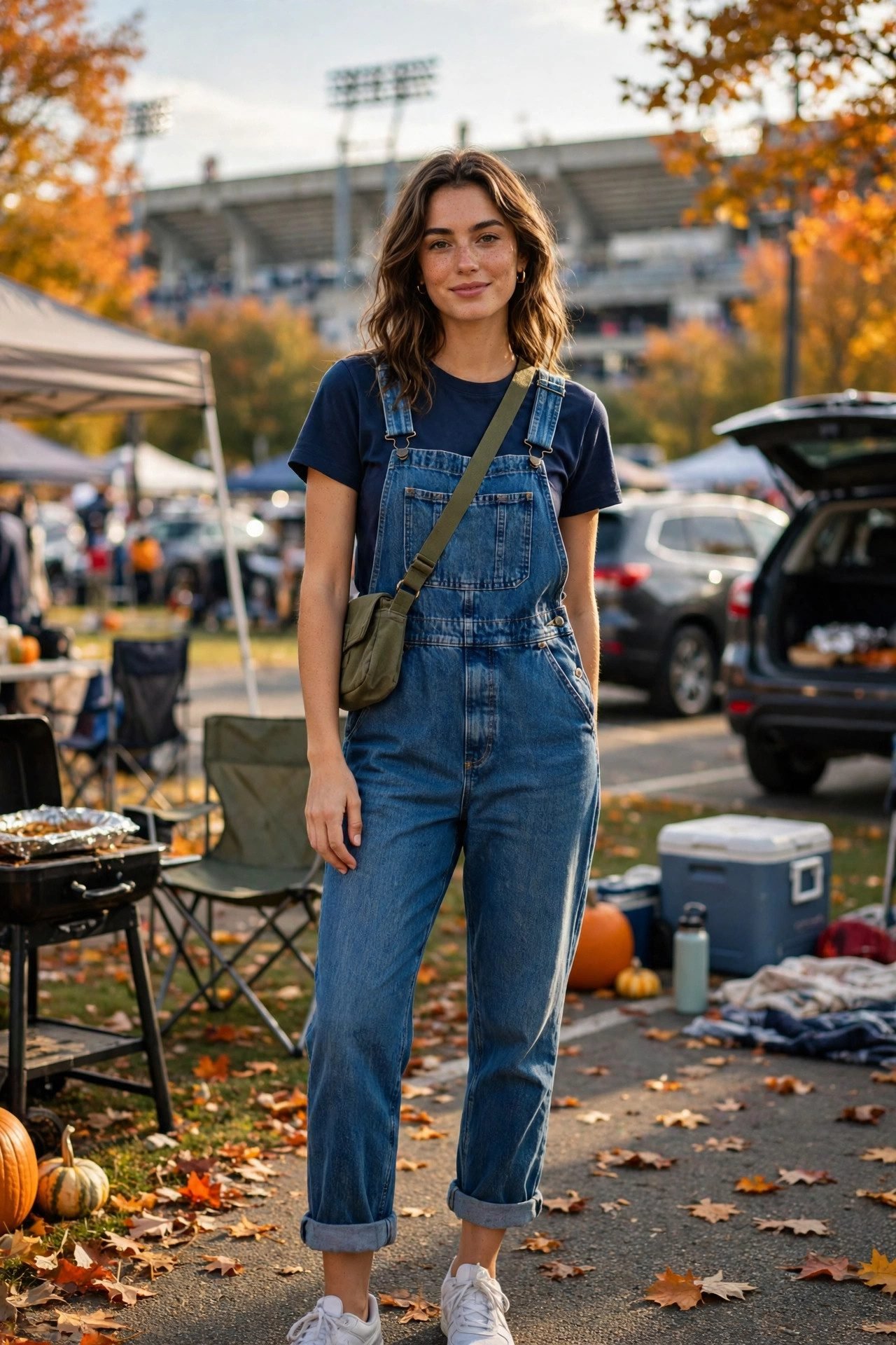 Denim overalls with a team tee for a fun tailgate outfit