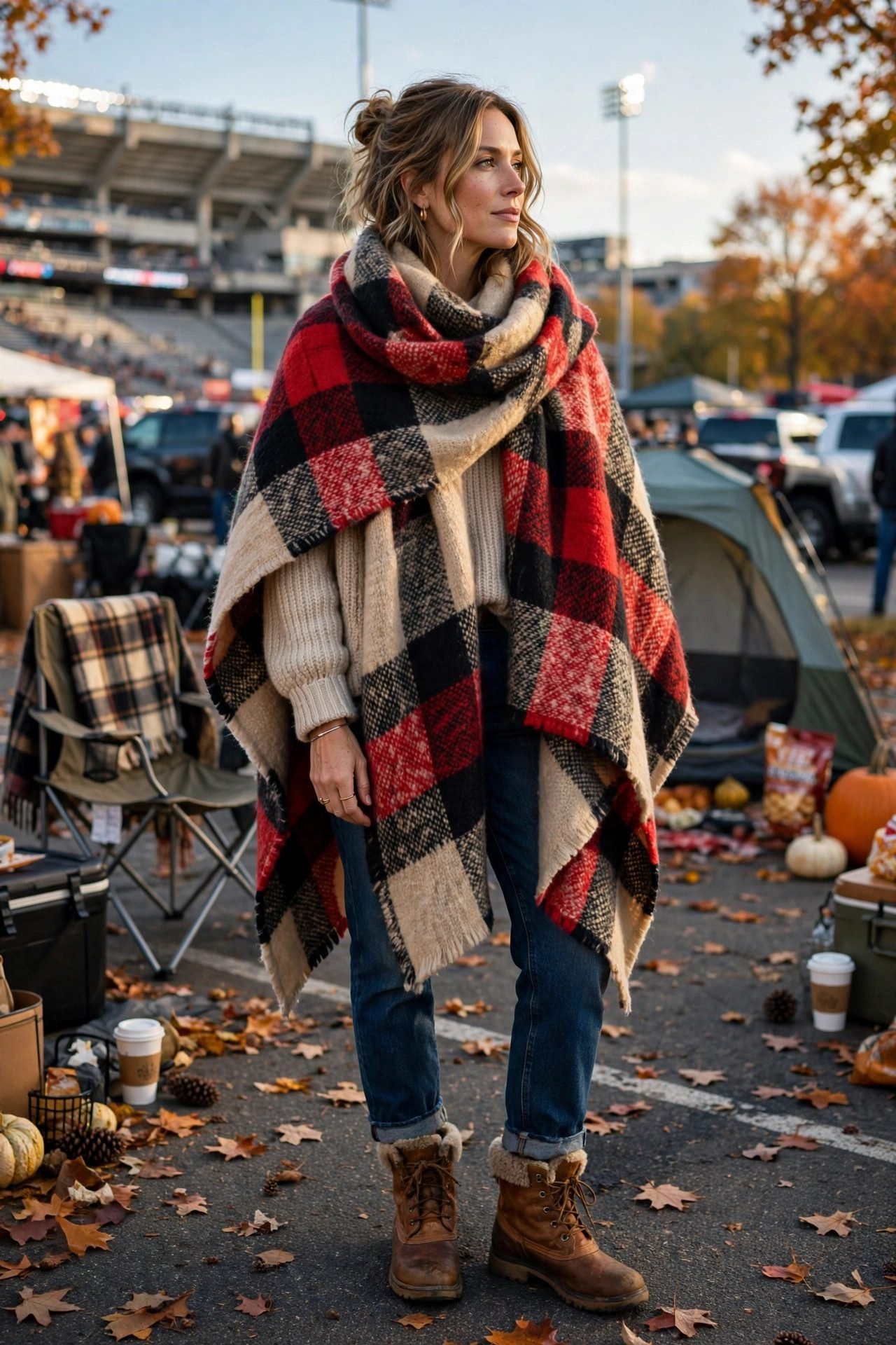 Blanket scarf with a sweater and boots, a warm tailgate outfit