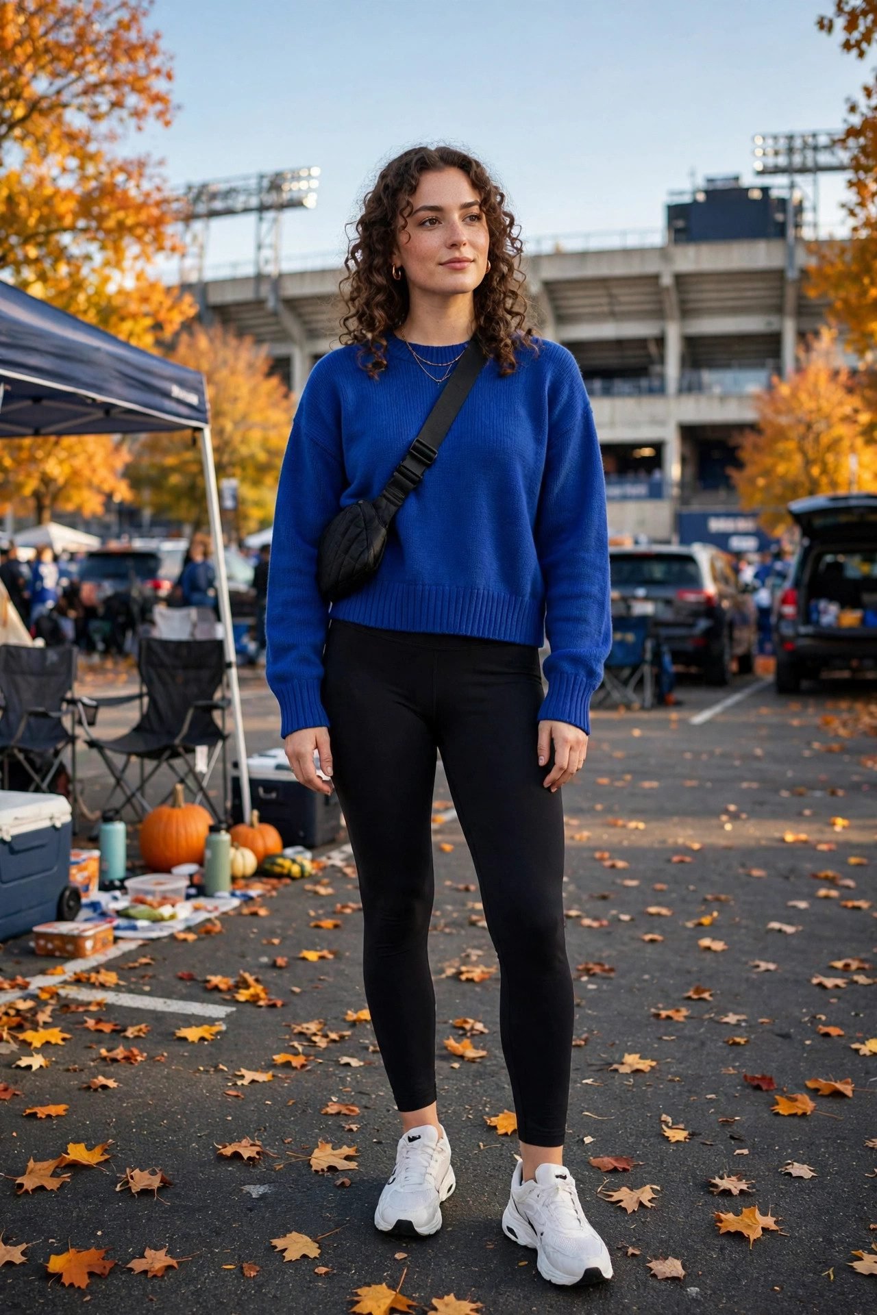Team-color sweater with leggings for a cozy tailgate outfit