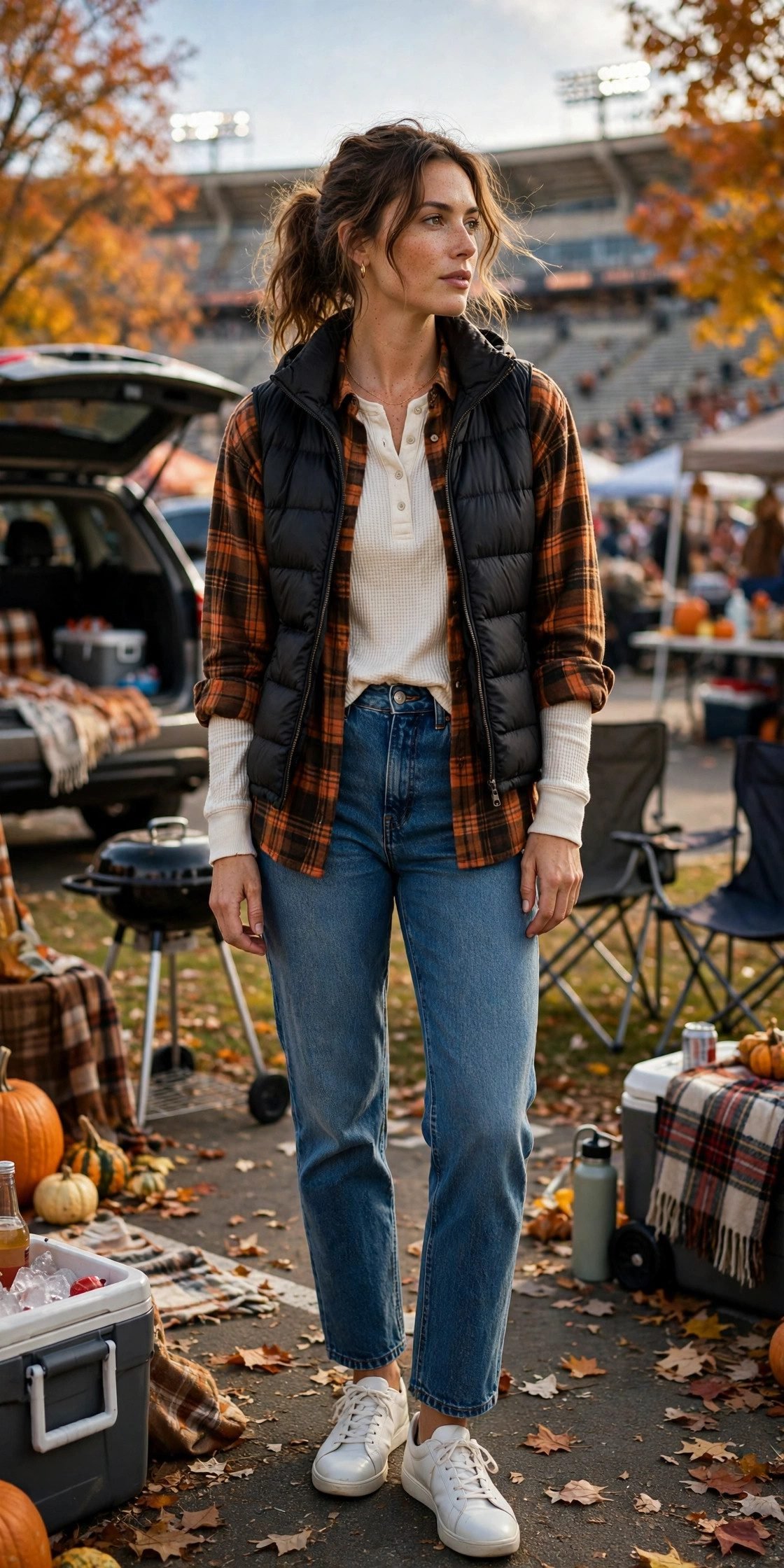 Layered thermal, flannel, and vest for a versatile tailgate outfit