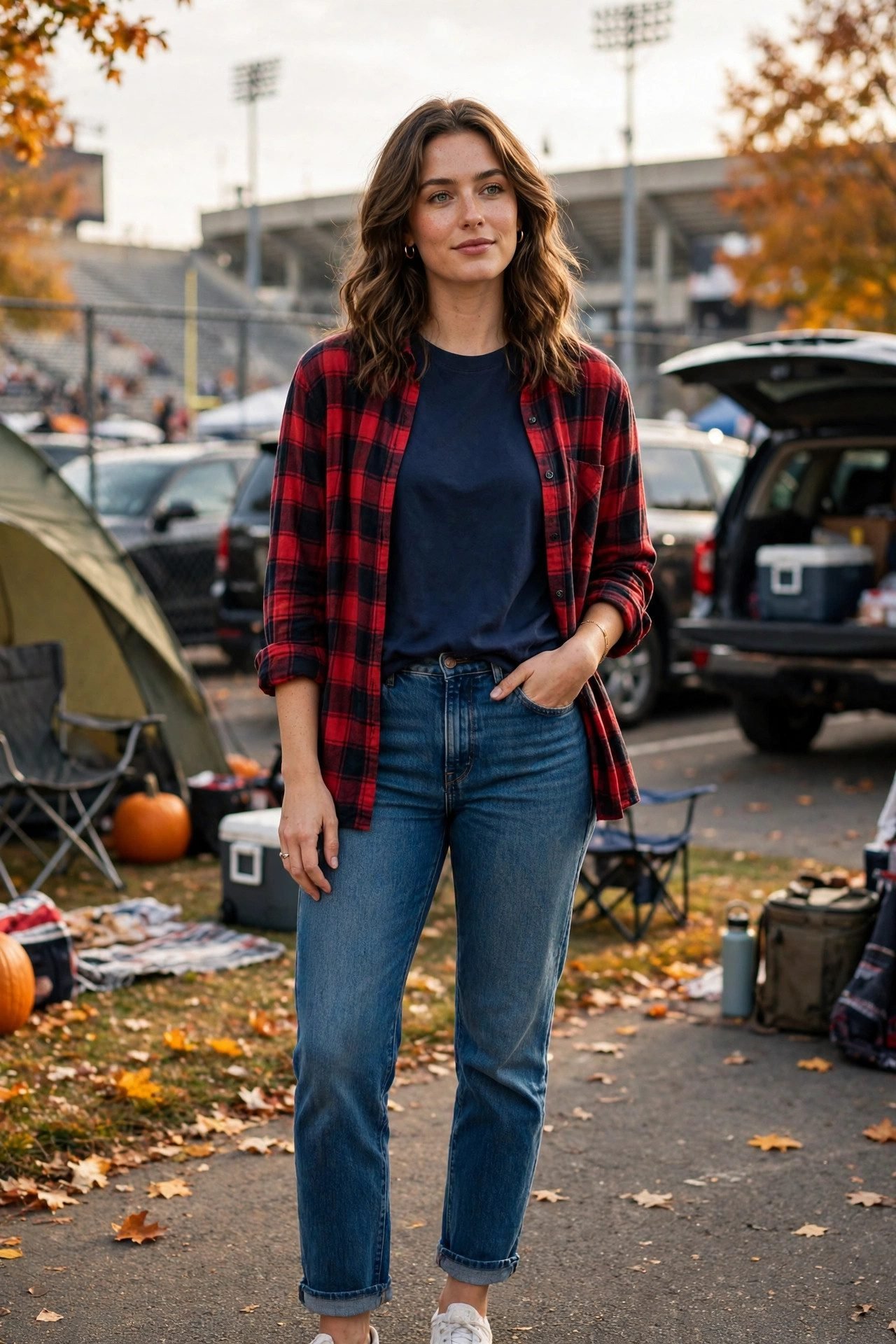 Flannel shirt over a team tee with jeans for a tailgate