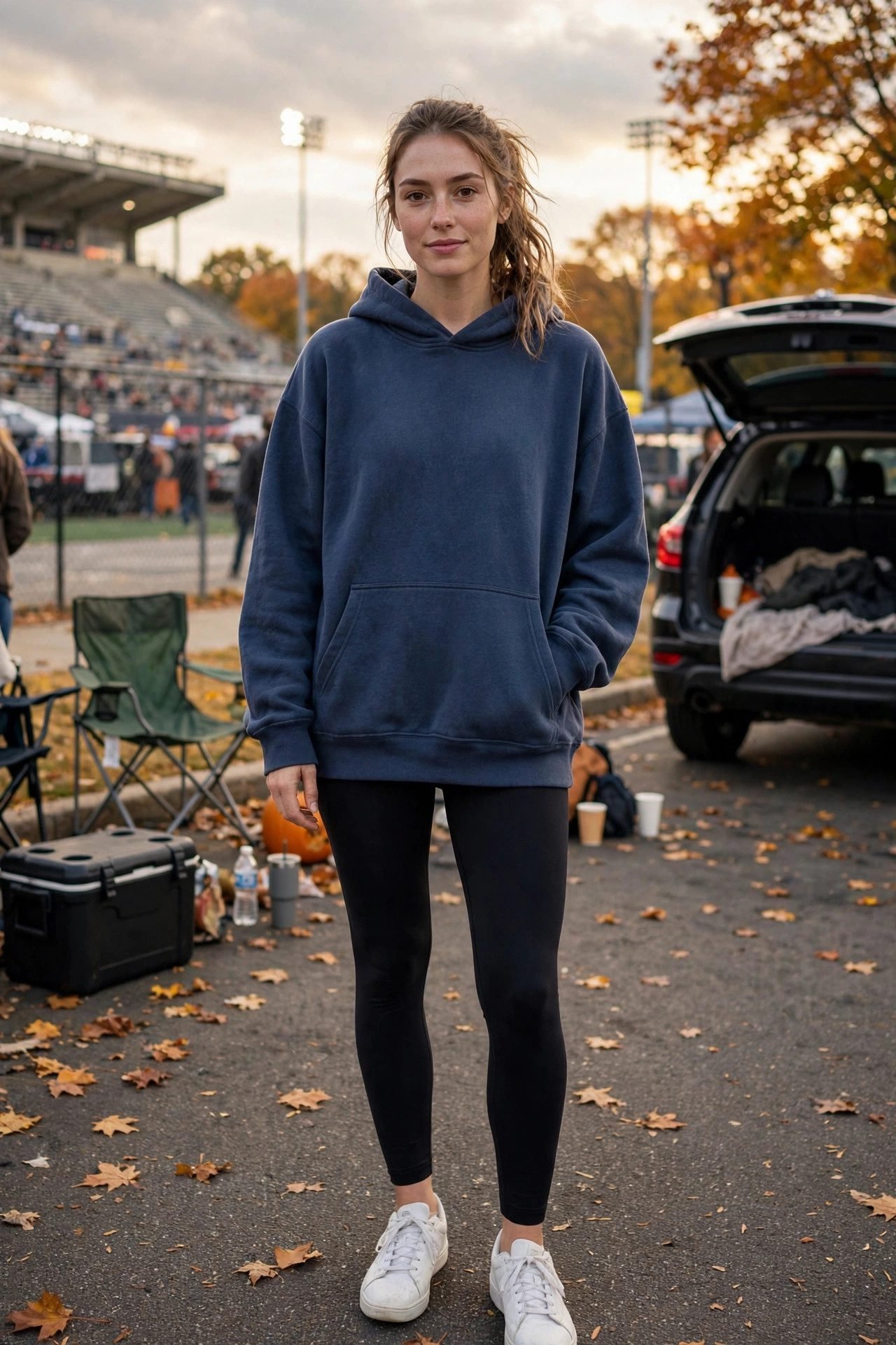 Oversized team hoodie with leggings and sneakers for game day