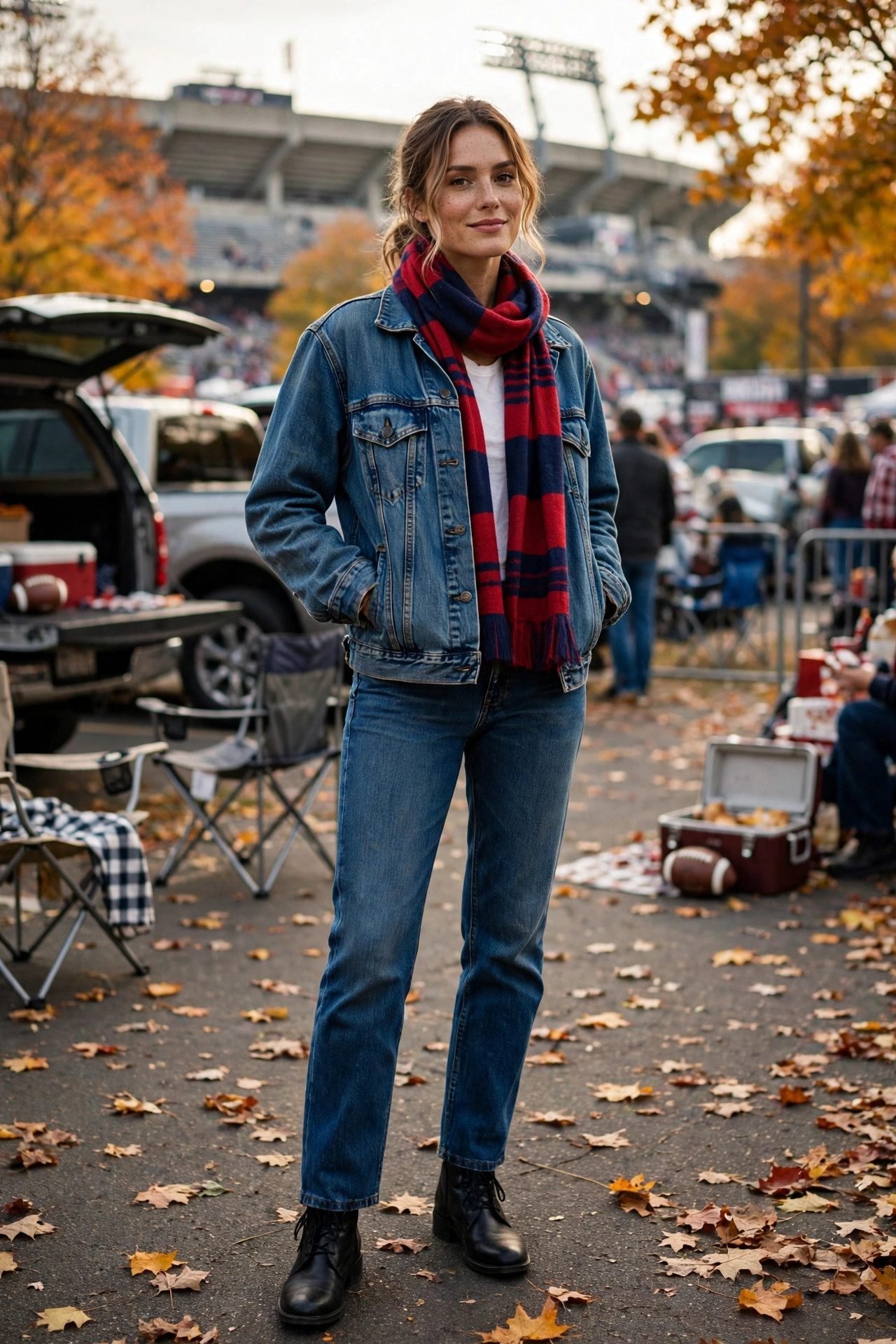Denim jacket with a team-colors scarf for a fall tailgate