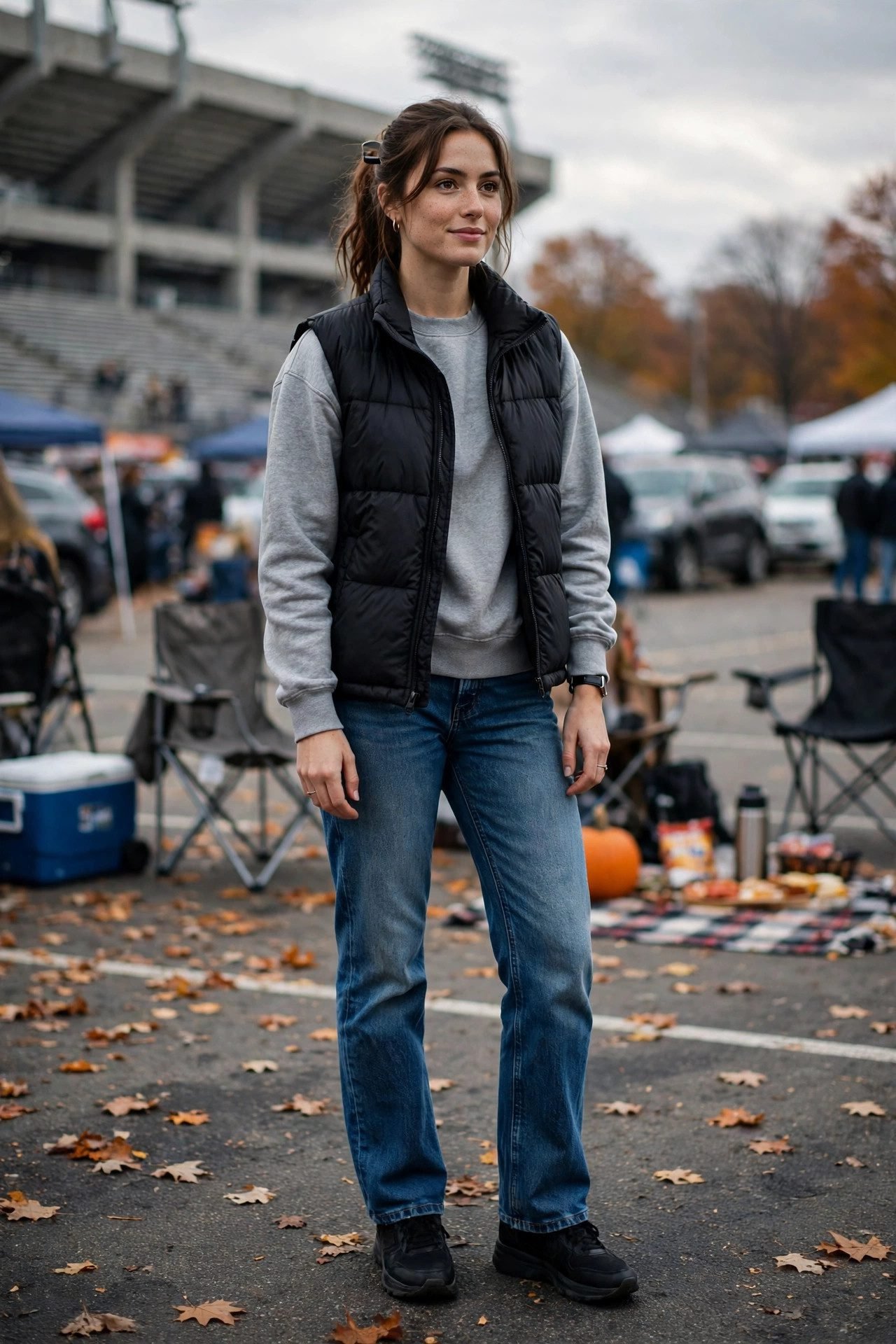 Puffer vest over a team sweatshirt with jeans for a cold tailgate