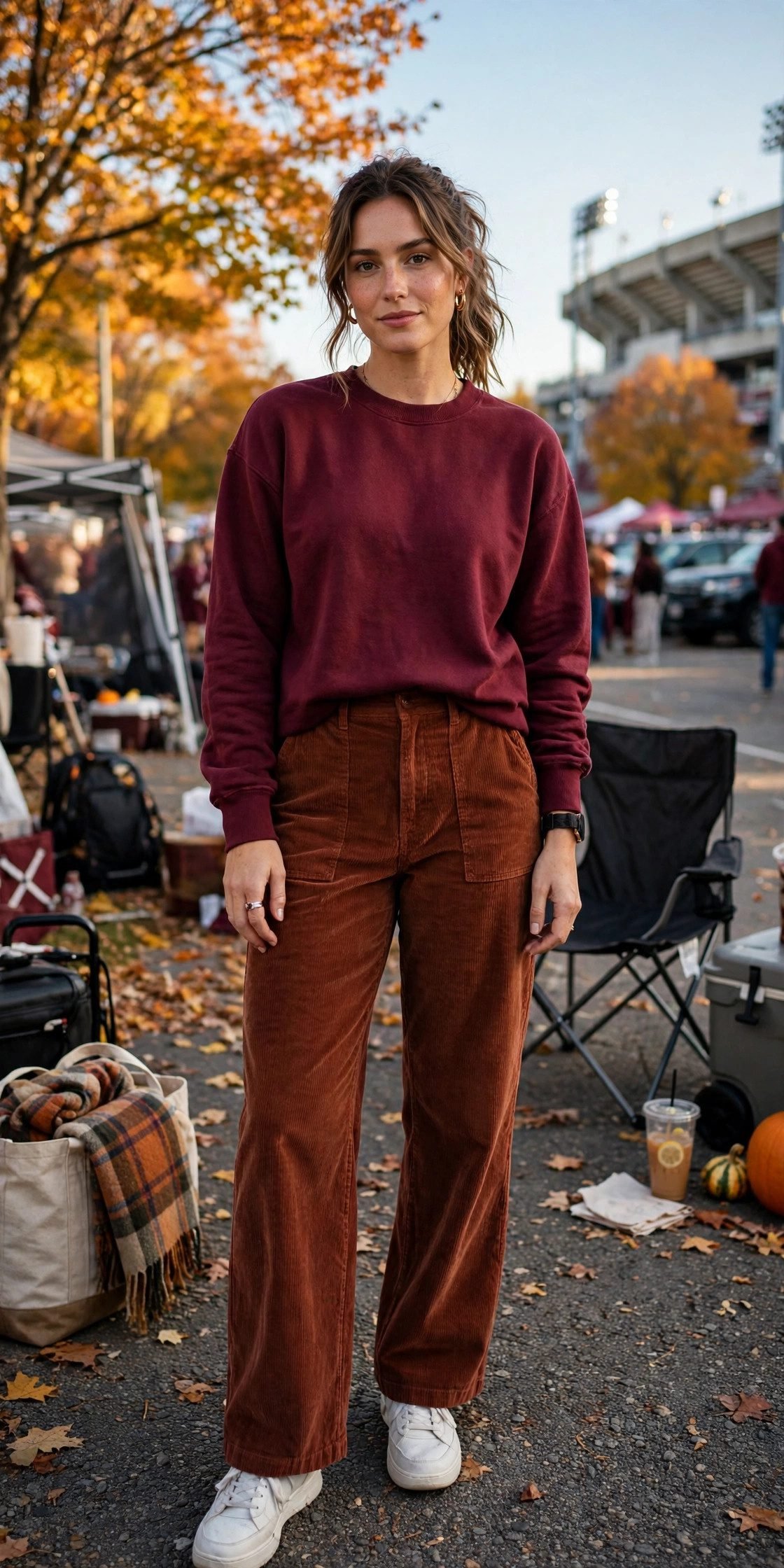 Corduroy pants with a team-color top for a stylish tailgate