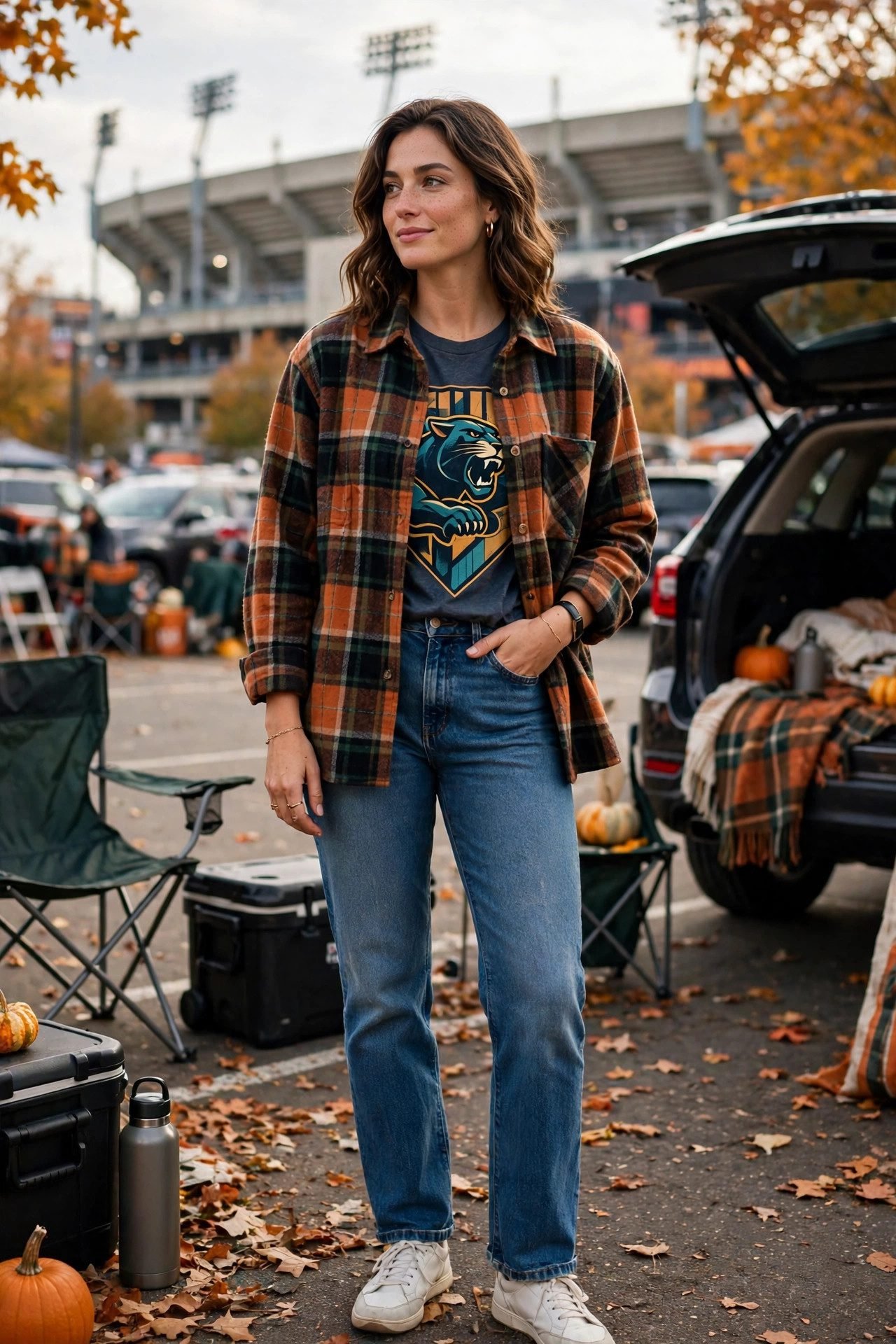 Plaid shacket over a graphic team tee for a tailgate outfit