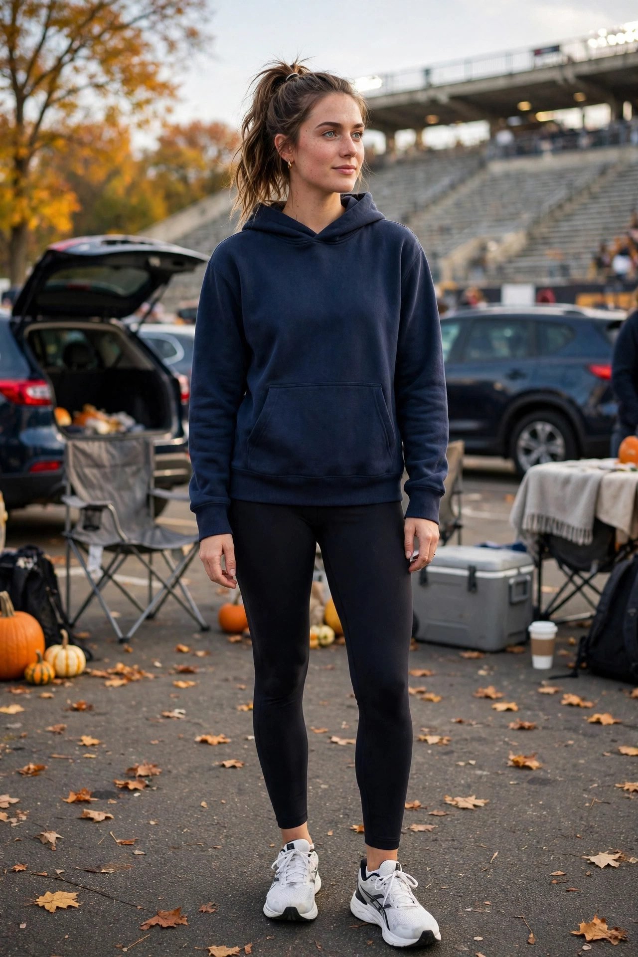 Black leggings with a team hoodie and running shoes for a tailgate