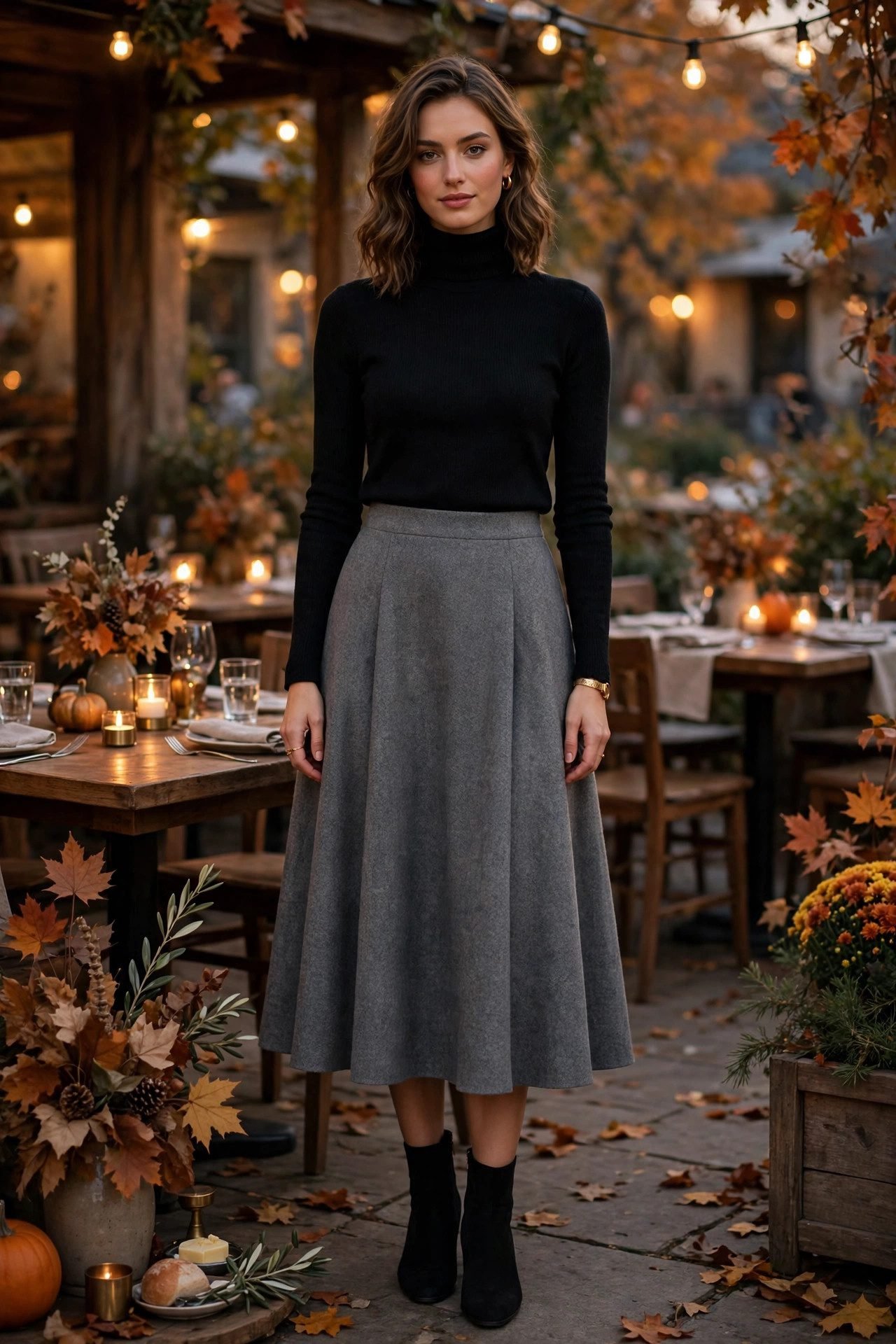 Turtleneck with an A-line wool skirt for a fall dinner