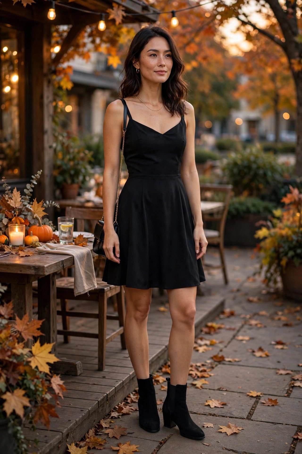 Little black dress with ankle booties for a fall dinner