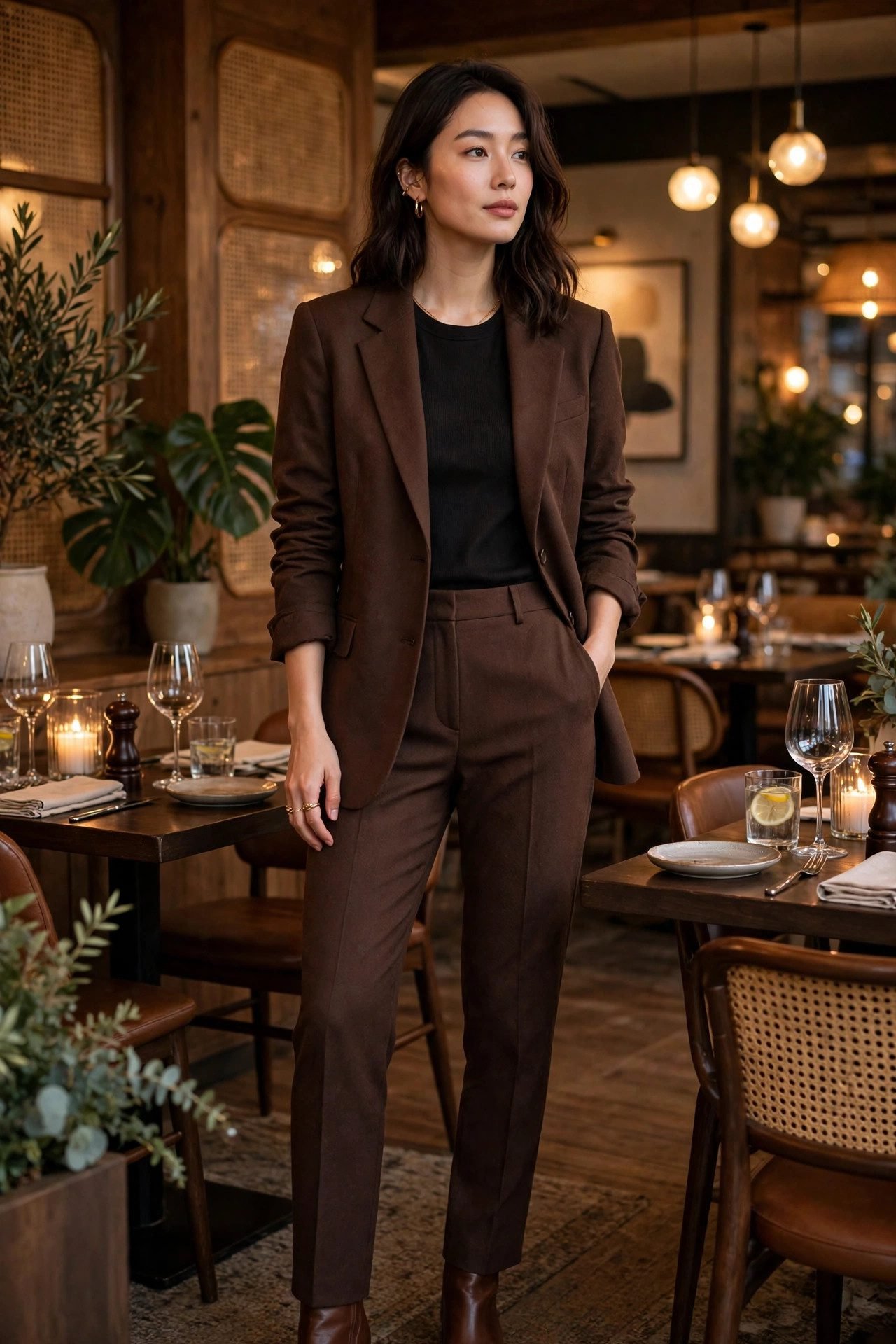 Chocolate brown suit set, a trendy fall dinner outfit