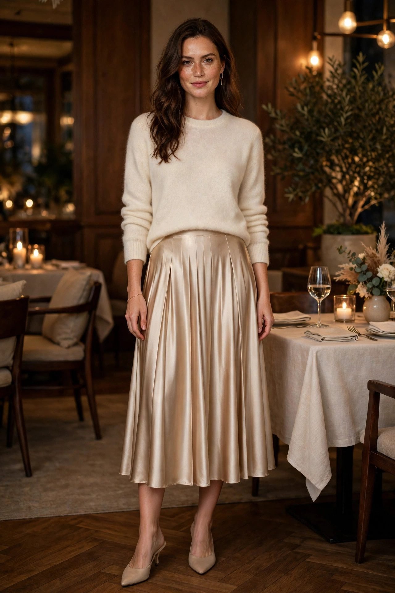 Cashmere sweater with a pleated satin skirt for a dinner outfit