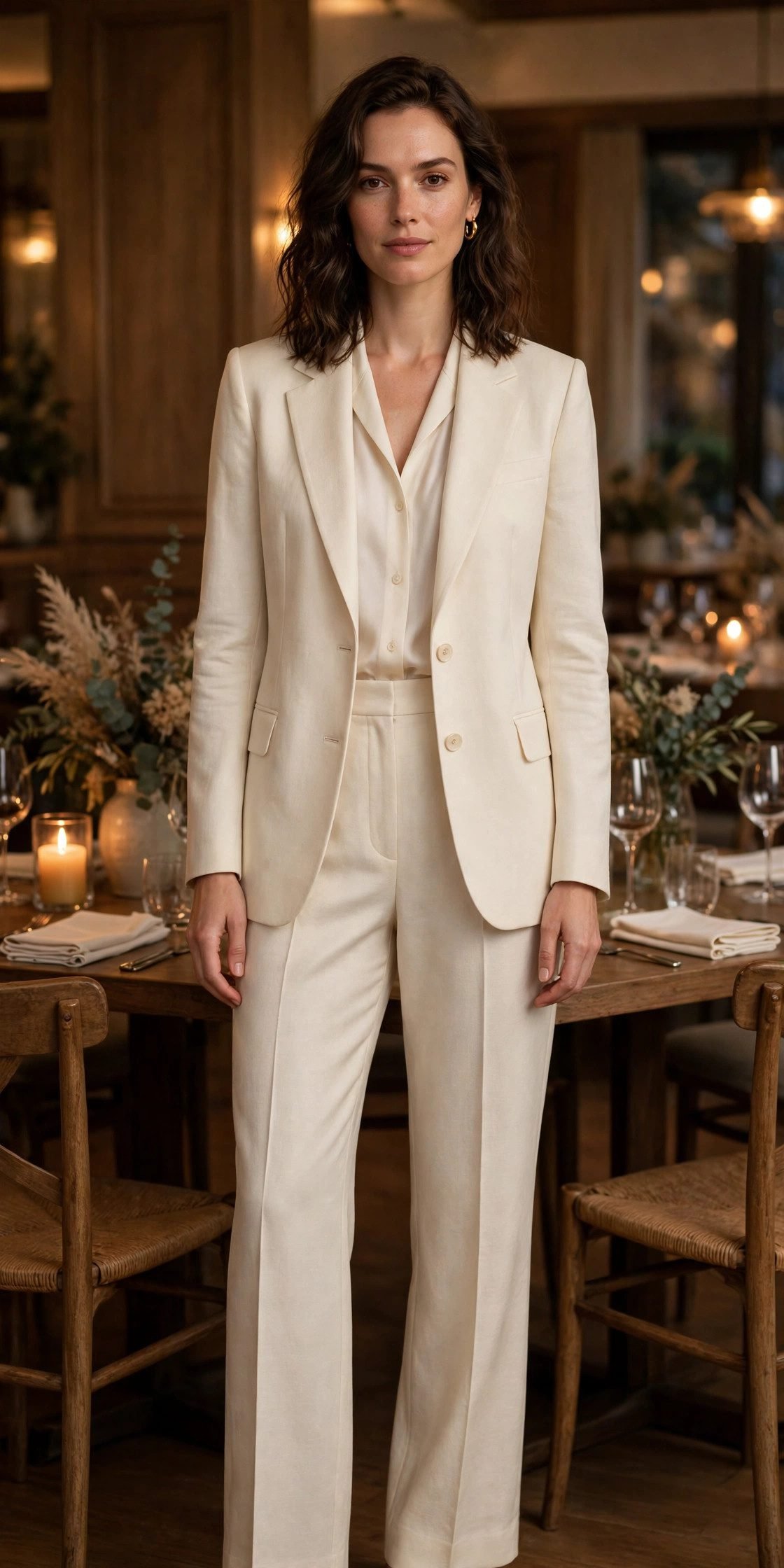 Monochrome cream suit, a polished fall dinner outfit