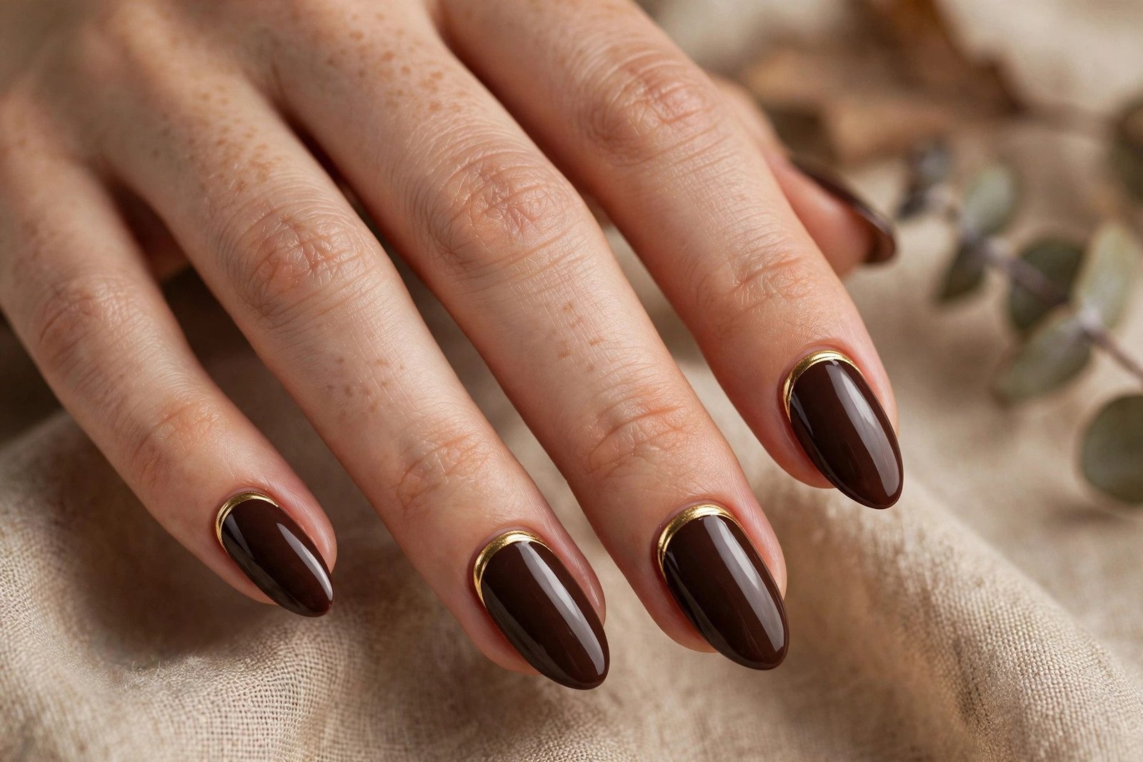Dark brown almond nails with gold metallic cuticle cuff accents