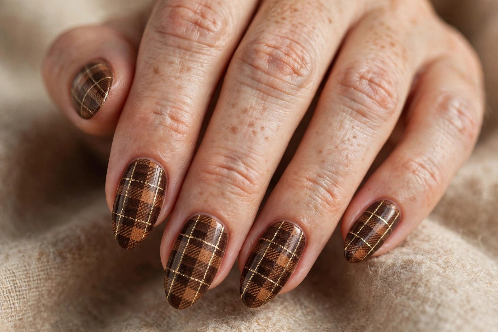 Brown plaid nail art with thin gold line details