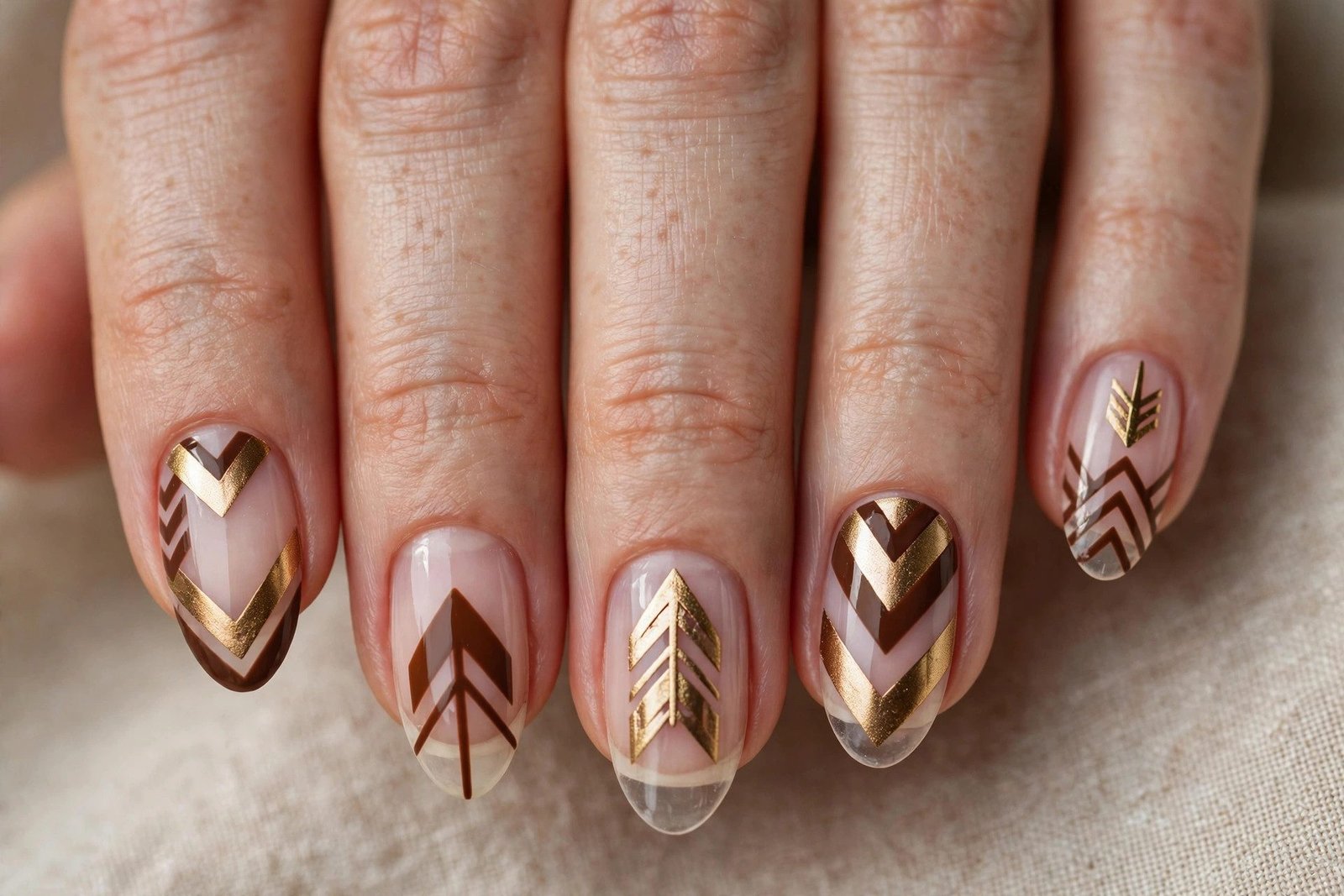 Negative space nails with brown and gold arrow designs