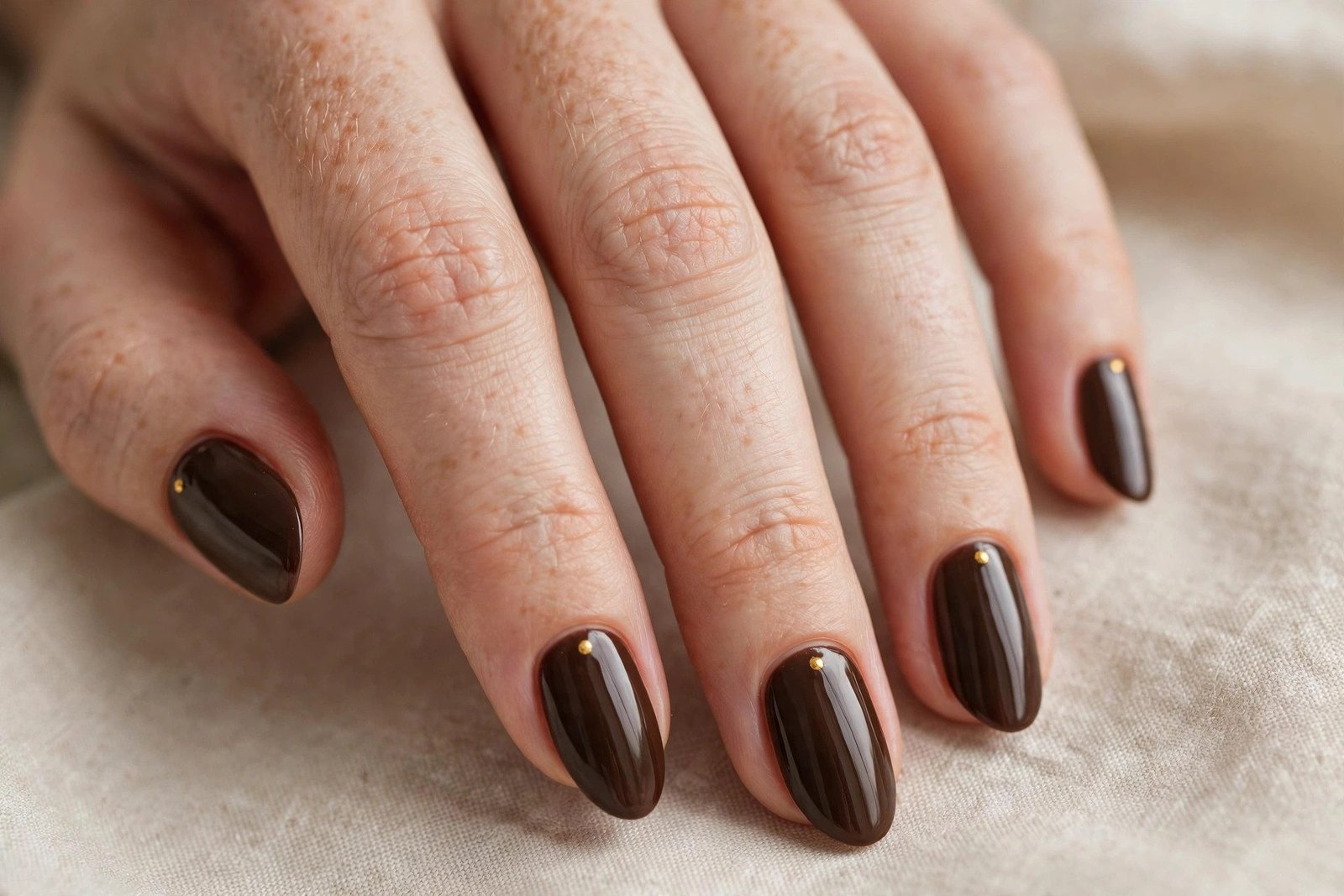 Espresso brown nails with small gold dot accents