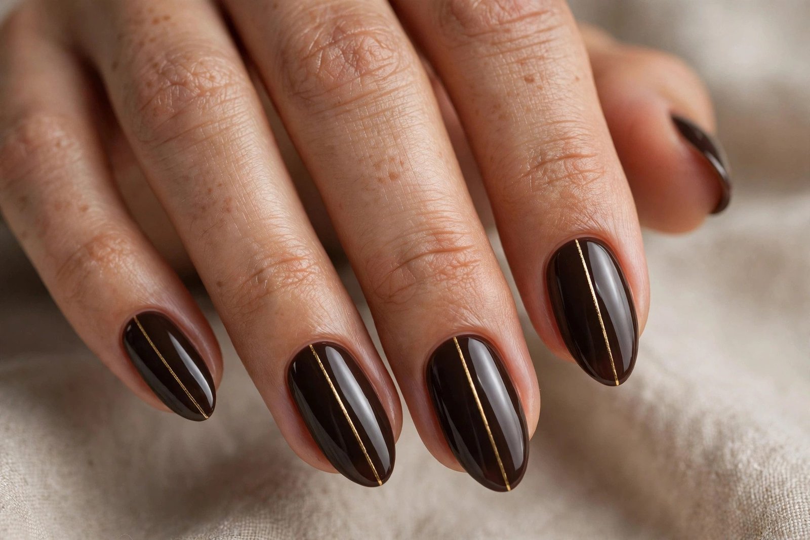 Espresso brown nails with single thin gold vertical stripe