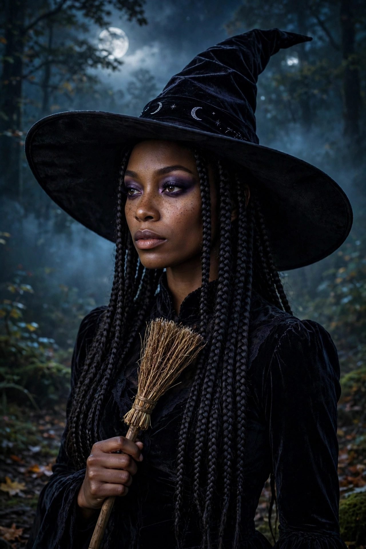 Black woman wearing a midnight witch Halloween costume with velvet dress