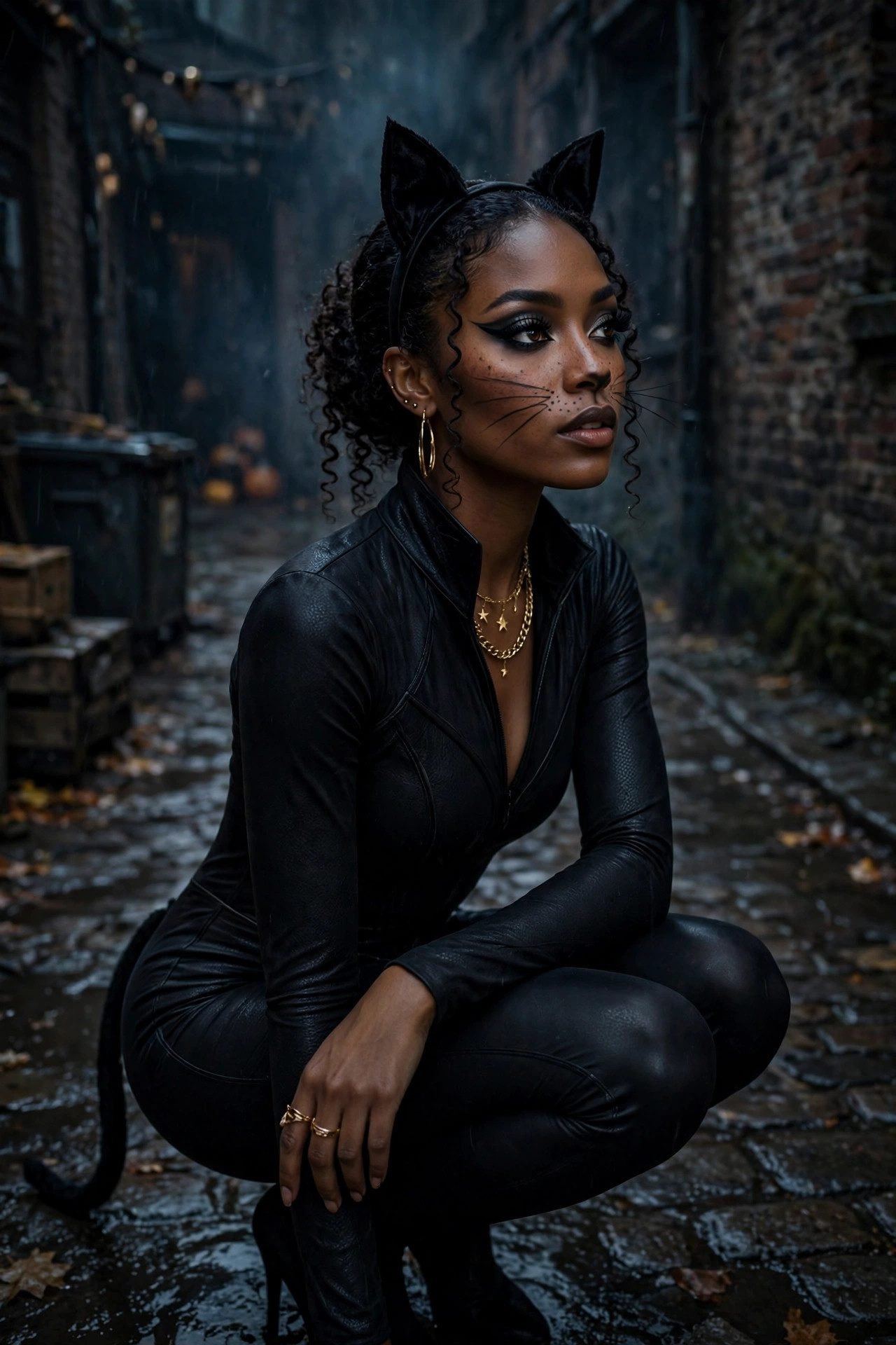 Black woman wearing an elevated black cat Halloween costume