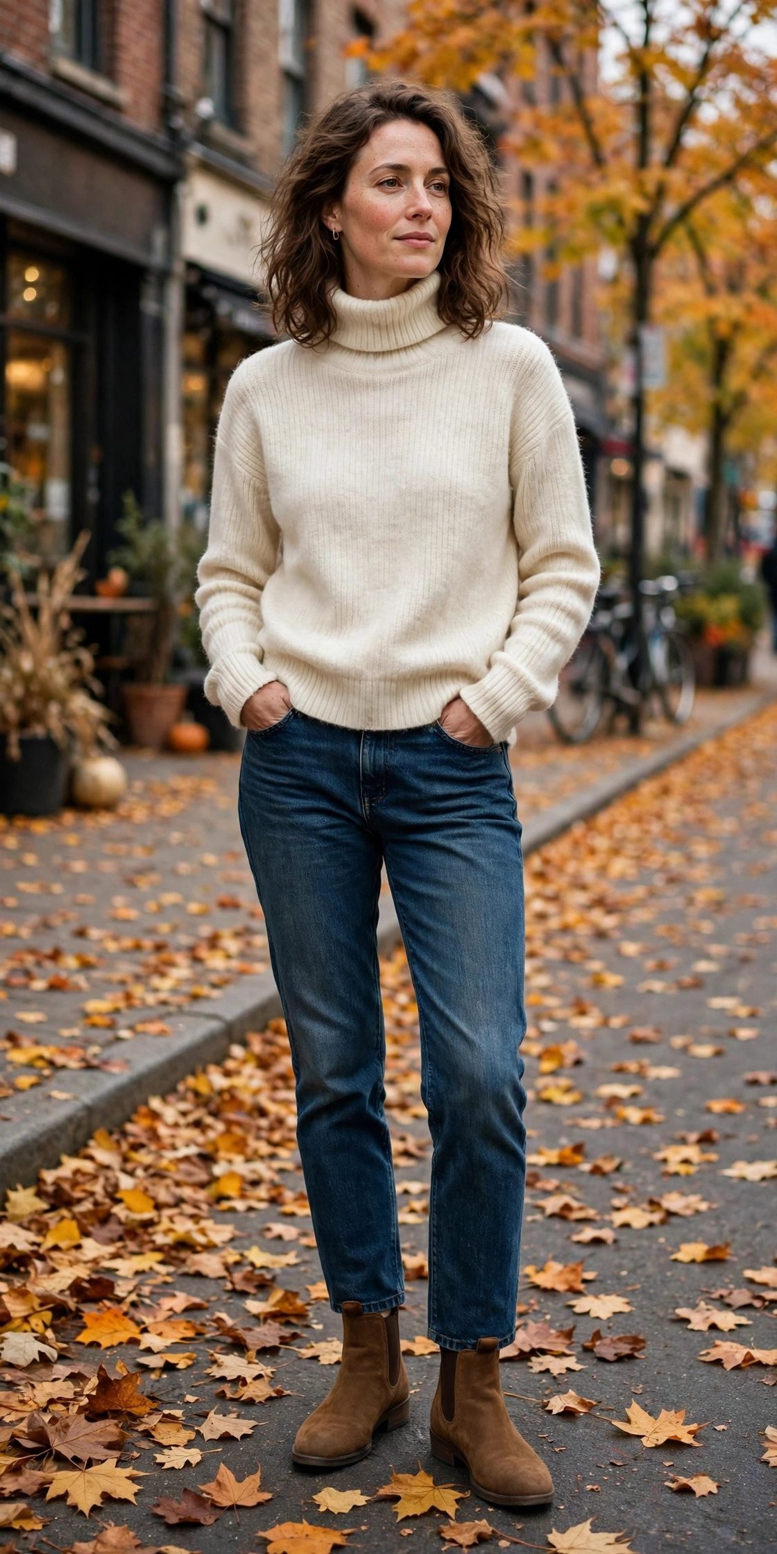 Woman wearing a cream turtleneck jeans and brown suede boots