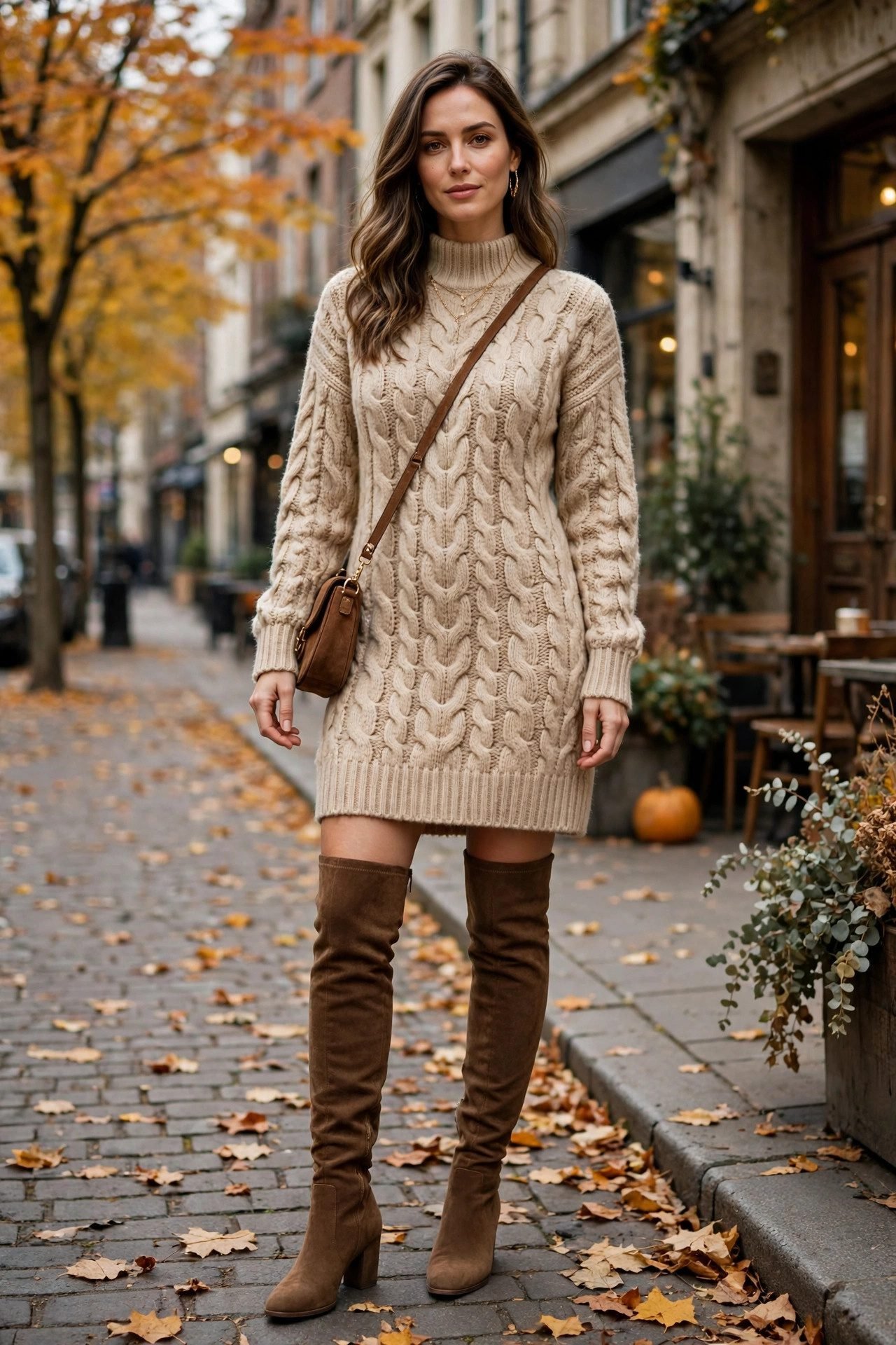 Woman wearing a sweater dress with brown suede over the knee boots