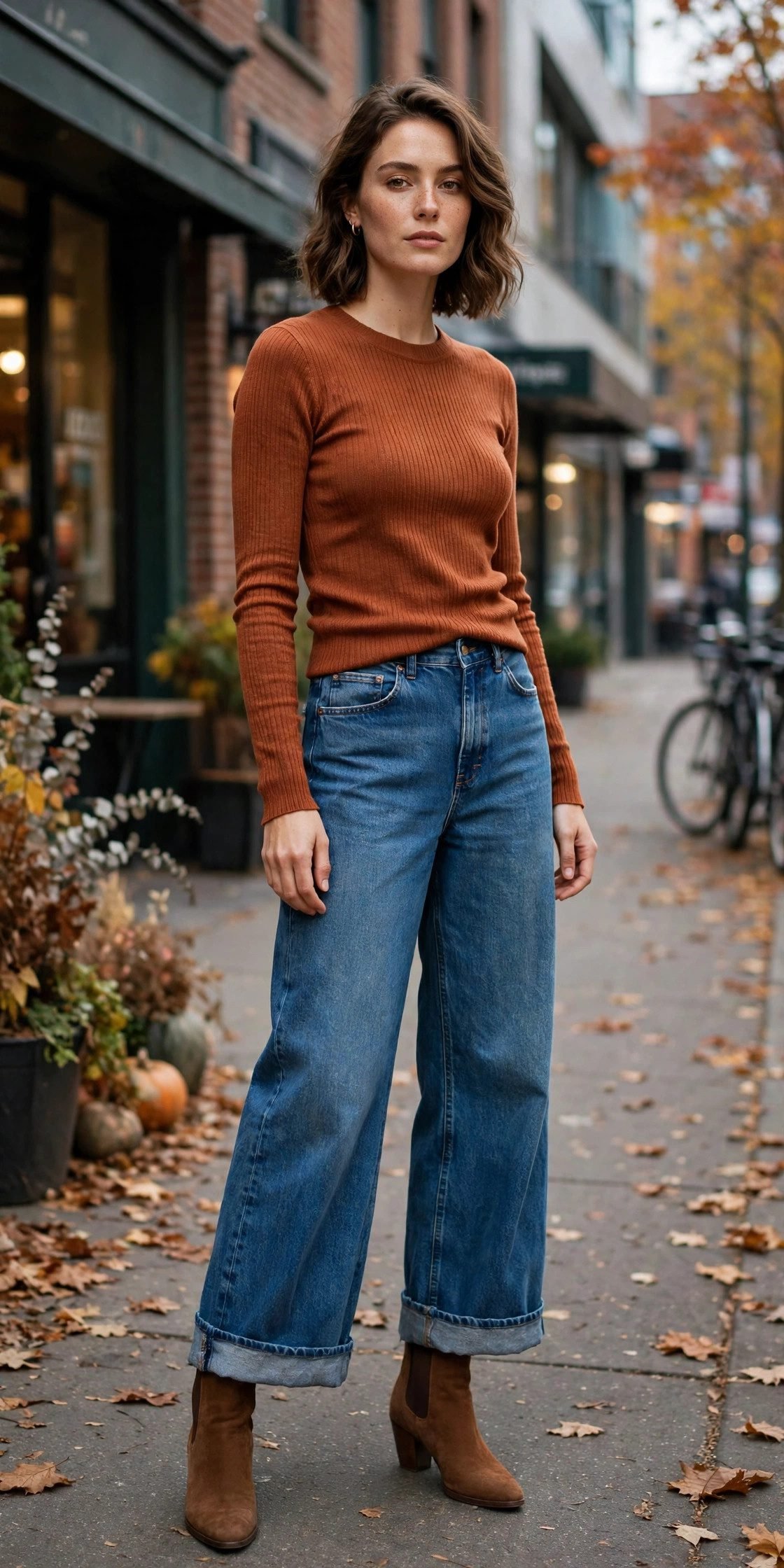 Woman in wide leg jeans with heeled brown suede boots