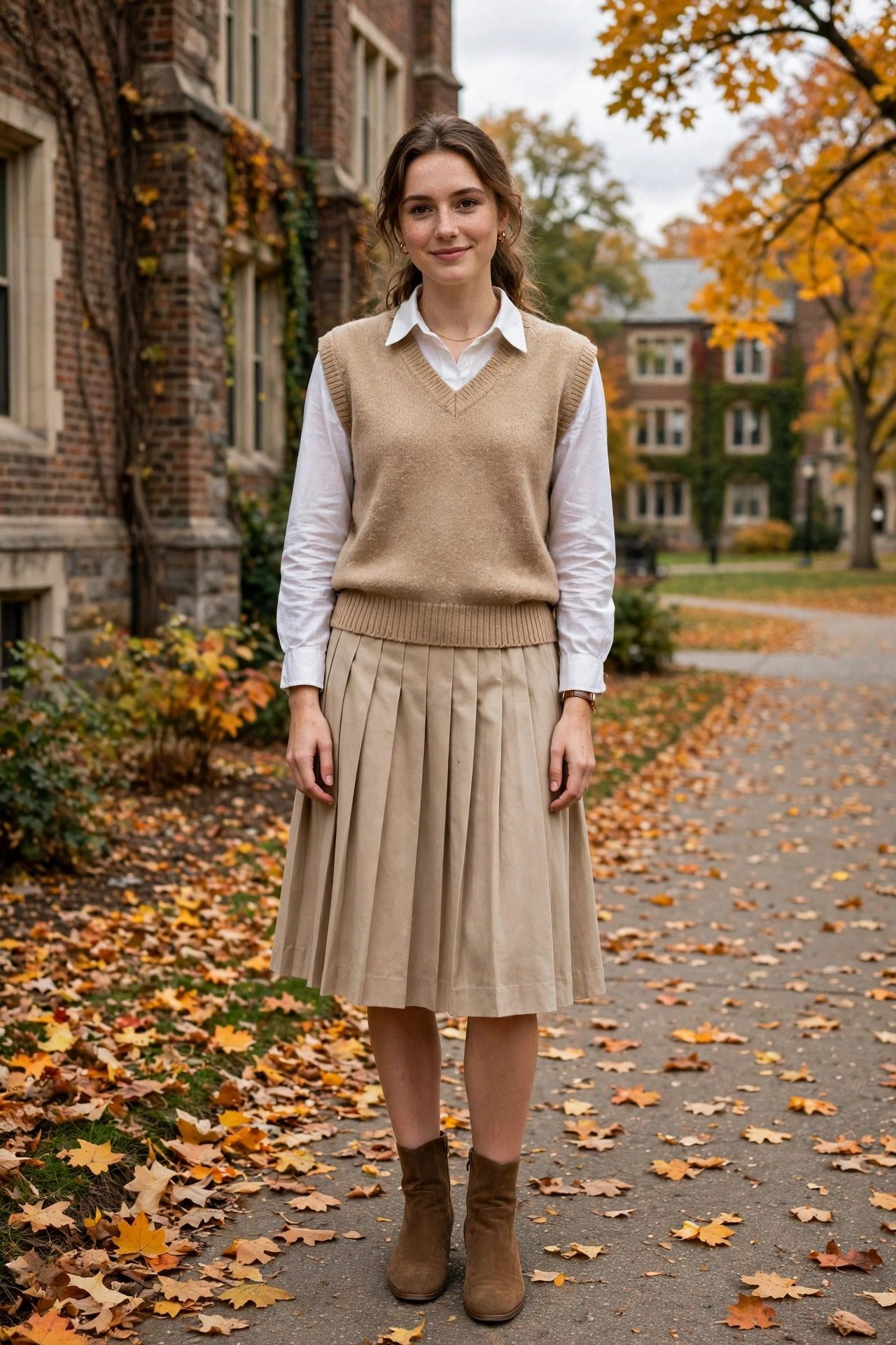 Woman in a preppy sweater vest outfit with brown suede boots