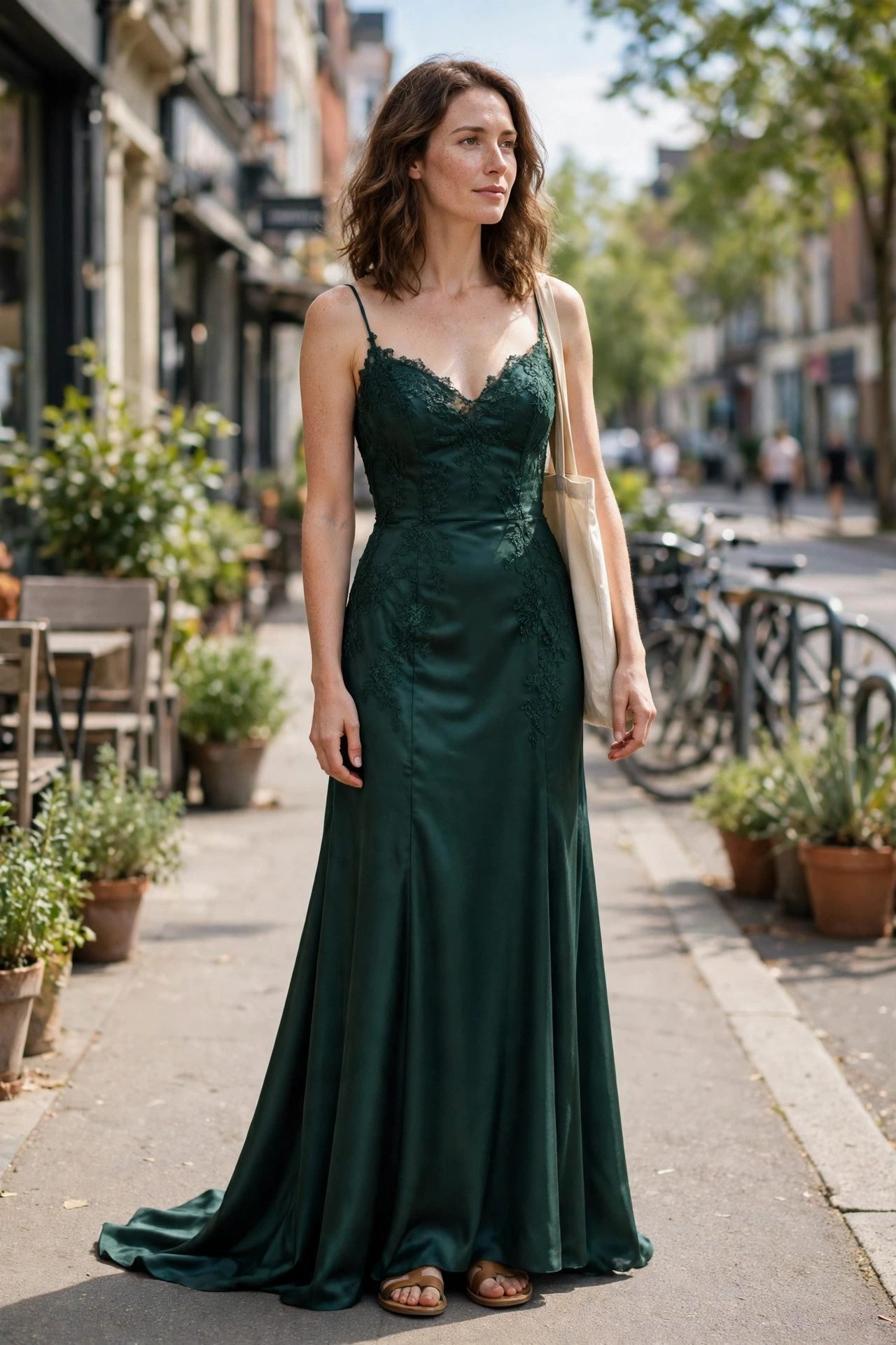 Woman wearing a formal gown with elegant flat sandals