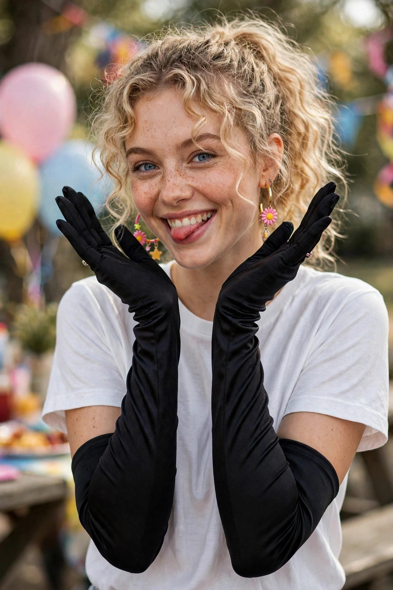 Woman in a plain t-shirt wearing long opera gloves