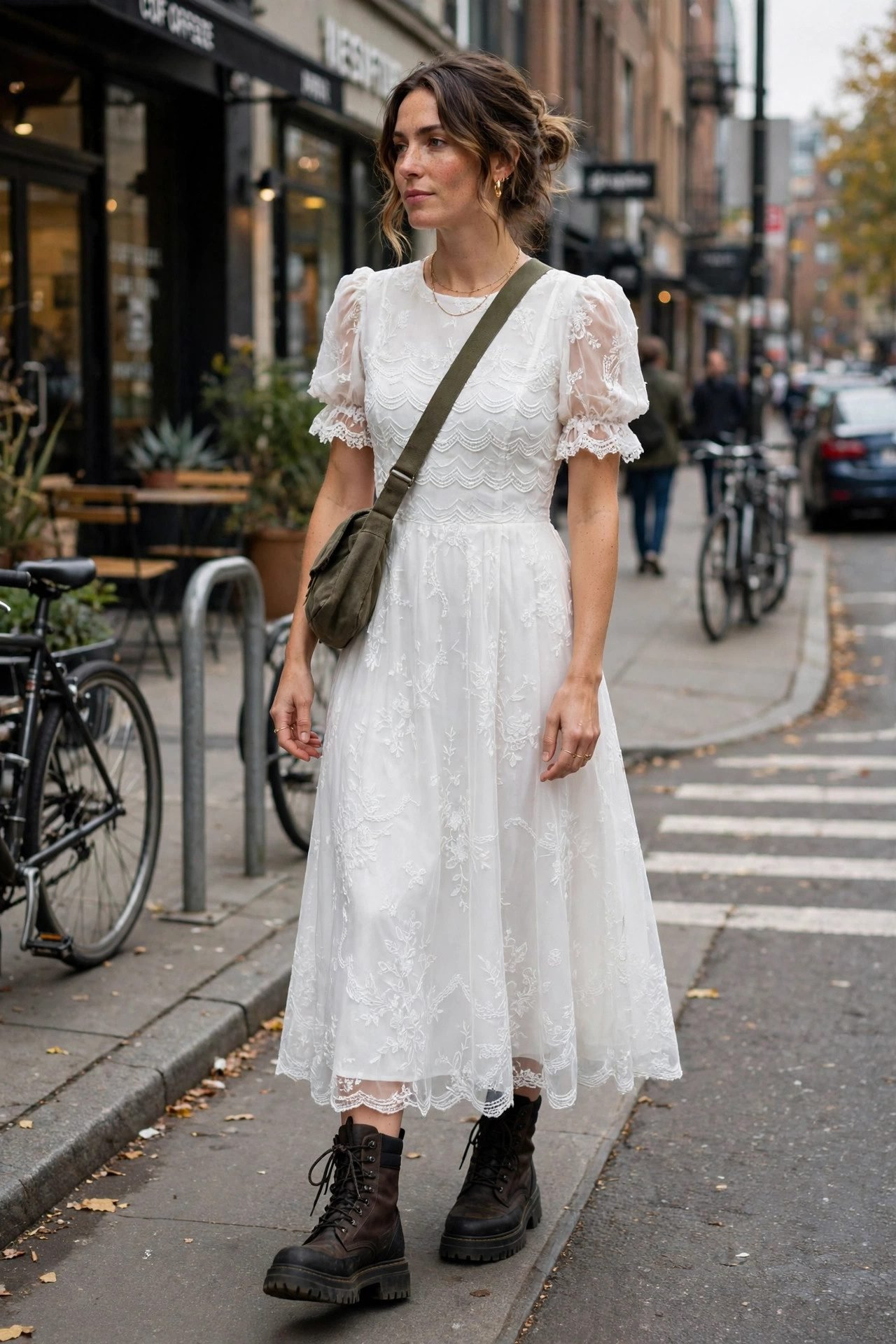 Woman wearing a white dress with rugged chunky boots