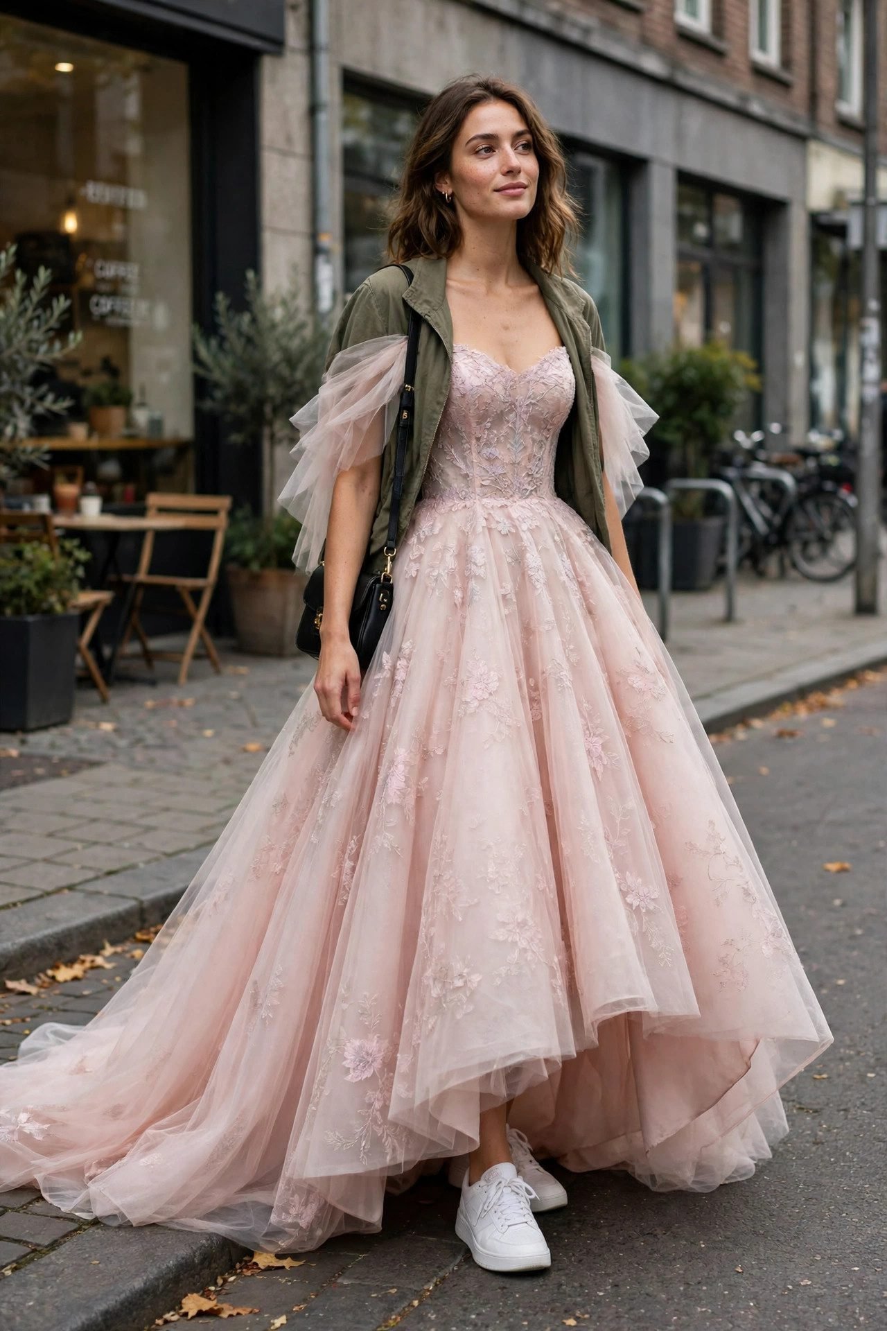 Woman in a ball gown with white sneakers street style