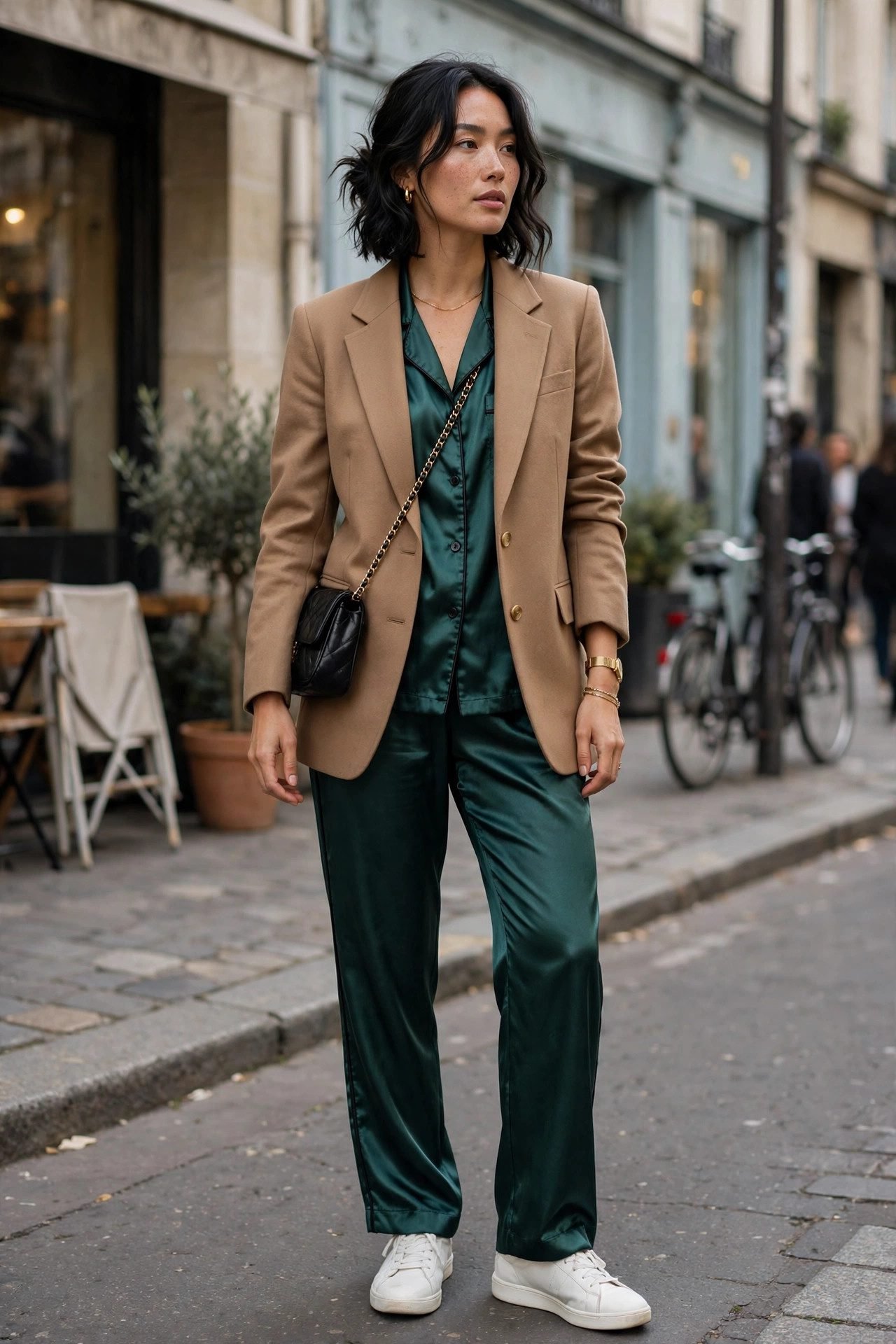Woman wearing a blazer over a satin pajama set street style
