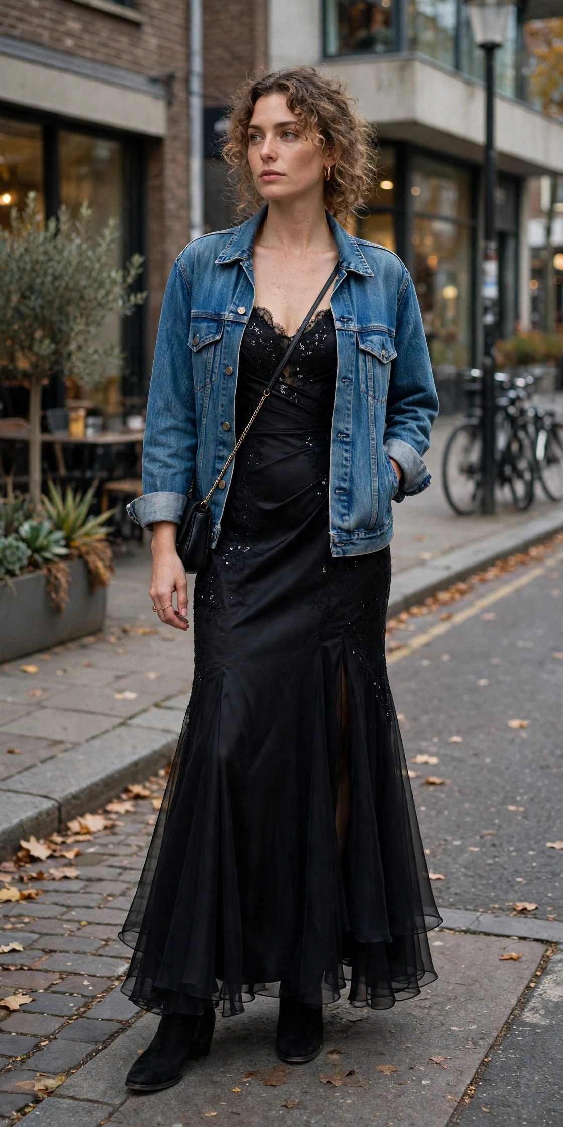 Woman wearing a formal gown with a denim jacket