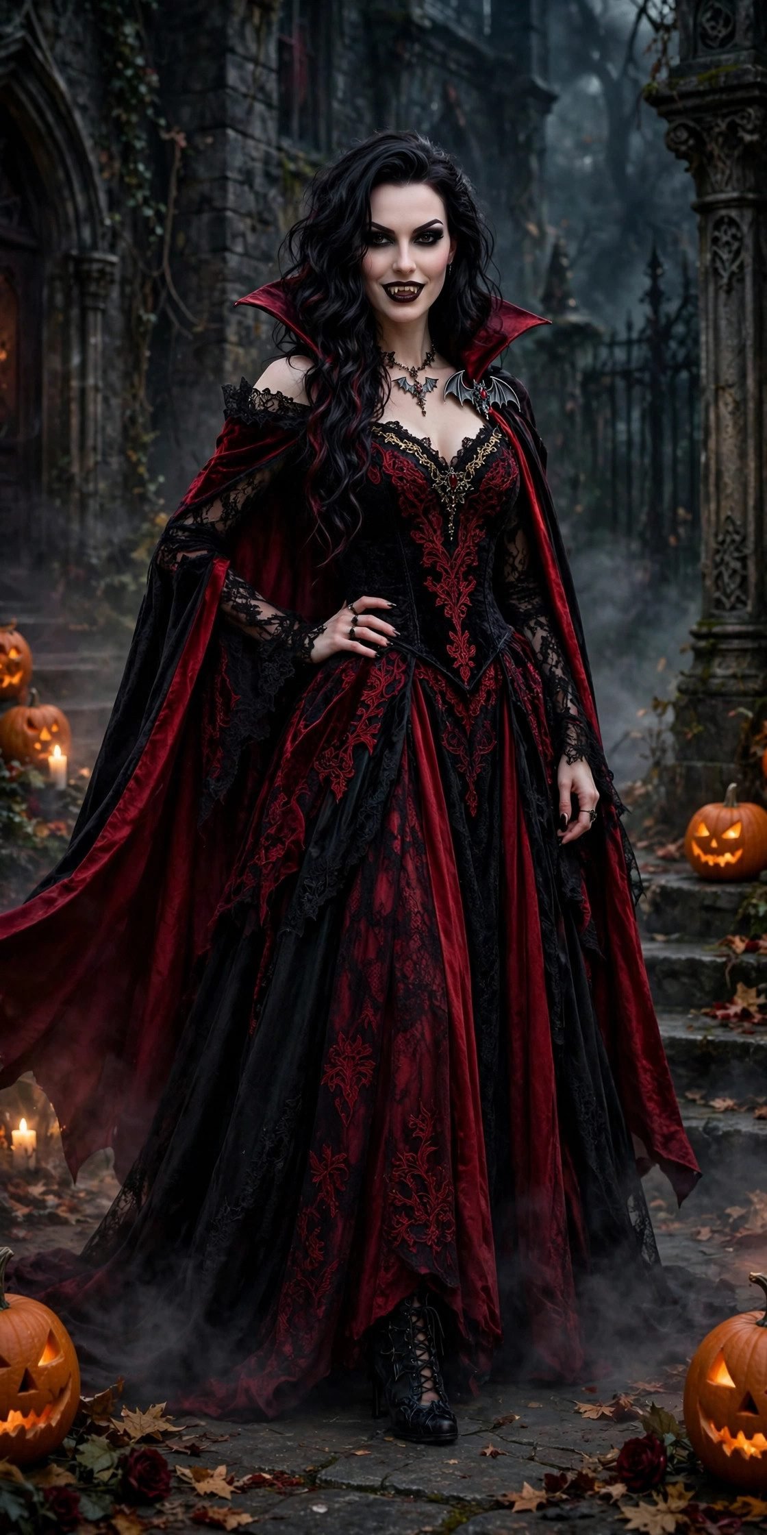 Woman in a vampire vixen baddie Halloween costume with cape
